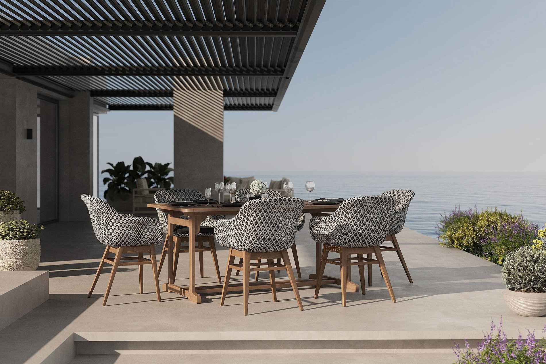 OUTFLEXX Bali Ensemble repas de jardin avec 6 fauteuils de salle à manger, noir/blanc/naturel, acacia/polyrattan, 150/200 x 90 cm, produit certifié FSC®