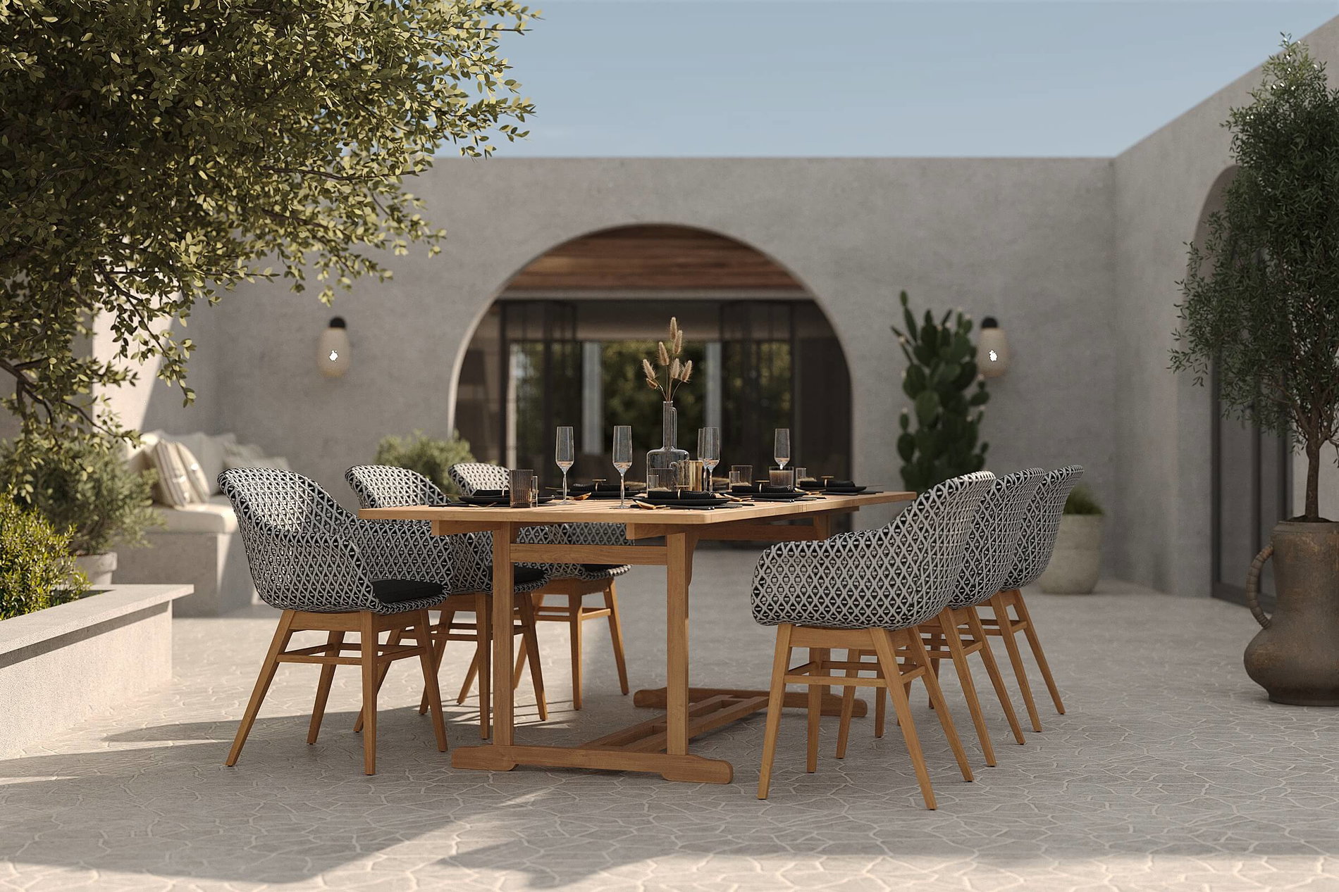 OUTFLEXX Bali Garten-Essgruppe mit 6 Dining Sesseln, schwarz/weiß/natur, Akazie/Polyrattan, Tisch 180/240 x 100 cm, FSC®-zertifiziertes Produkt