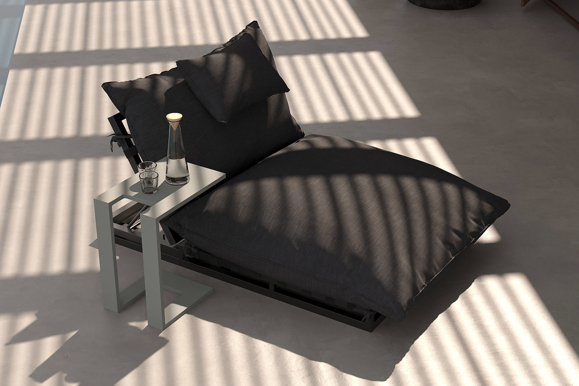 OUTFLEXX Taro Set de bains de soleil, gris foncé/noir, Aluminium/Polyester, 190 x 120 cm, réglable, avec coussin et table d'appoint en U