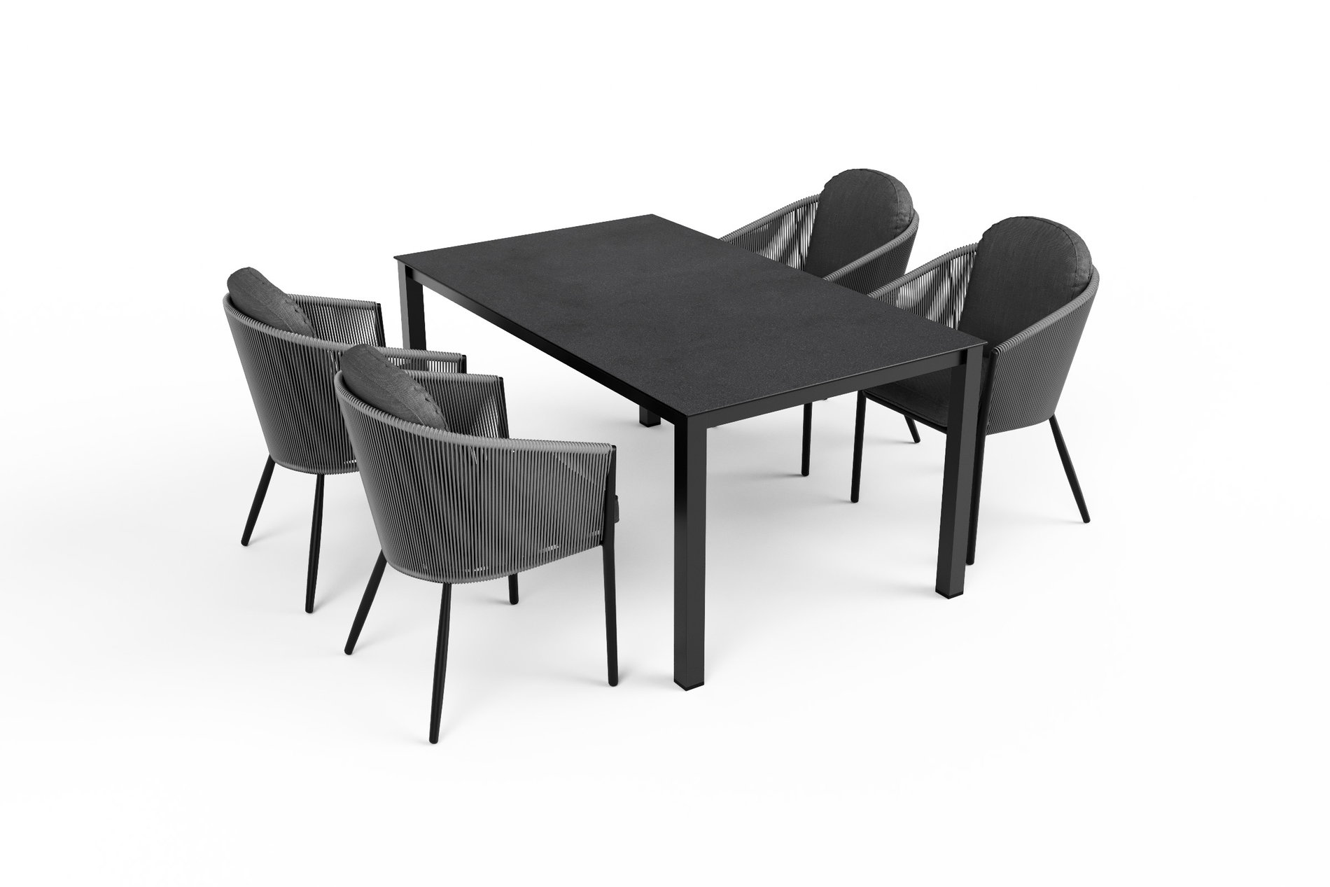 Ensemble repas de jardin OUTFLEXX Tavio, anthracite mat/gris foncé, alu/tressage Rope/Spraystone, 160 x 95 cm, 4 fauteuils dining