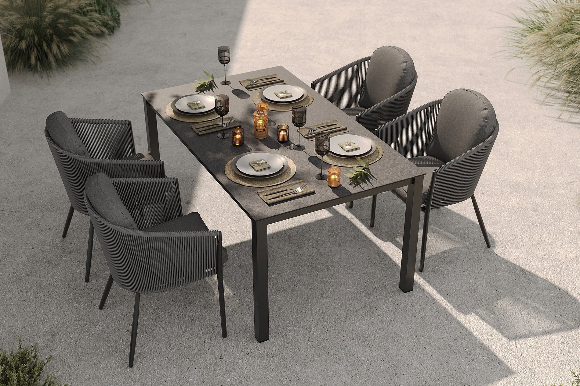 Ensemble repas de jardin OUTFLEXX Tavio, anthracite mat/gris foncé, alu/tressage Rope/Spraystone, 160 x 95 cm, 4 fauteuils dining