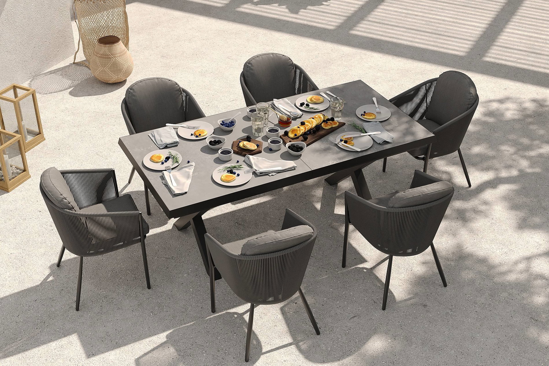 OUTFLEXX Tavio Garten-Essgruppe, schwarz/dunkelgrau, Alu/Rope/Steinimitat, 200/260 x 103 cm, ausziehbar, 6 Diningsessel