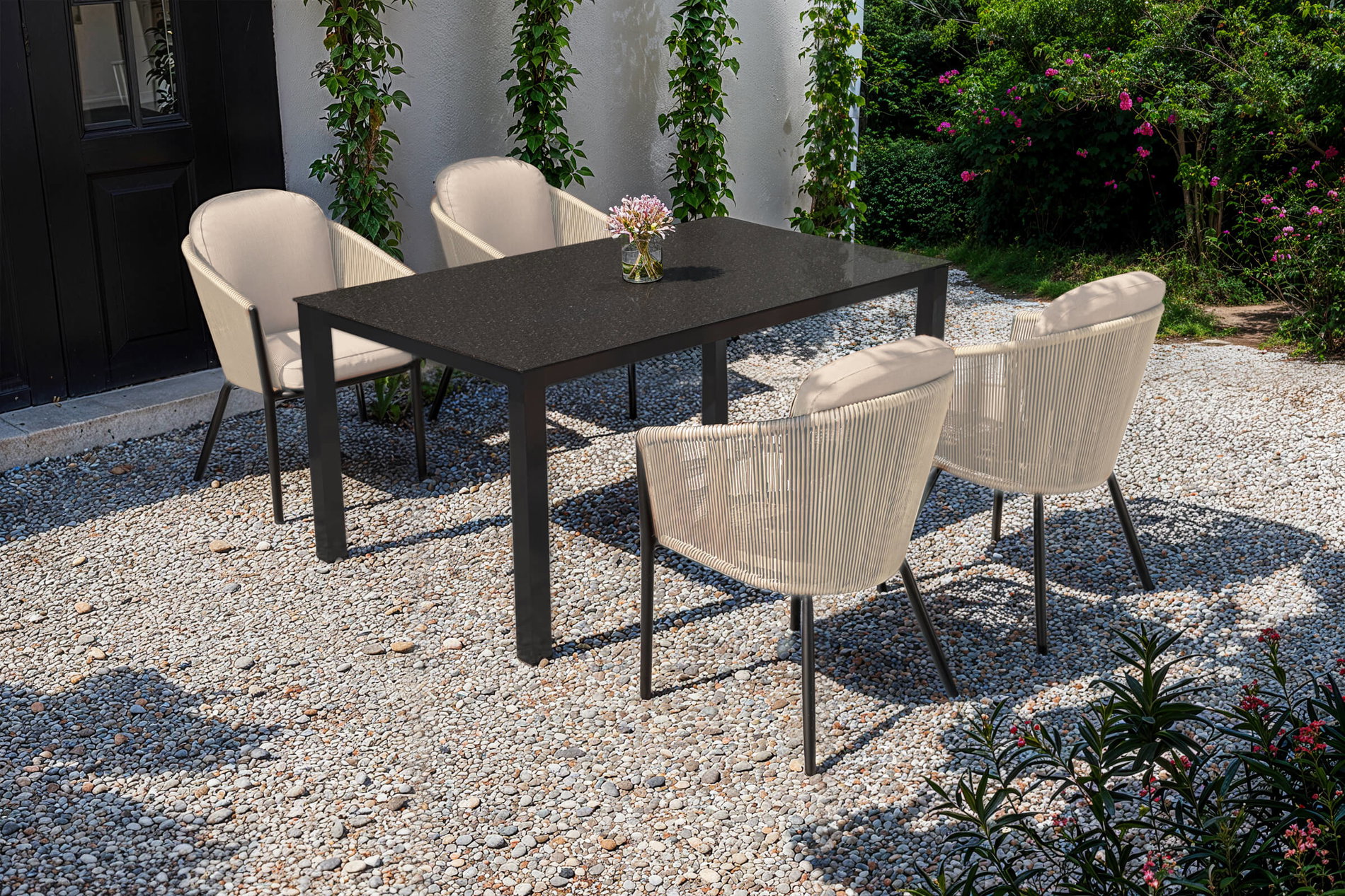 OUTFLEXX Tavio Garten-Essgruppe, anthrazit matt/beige, Alu/Rope/Spraystone, 160 x 95 cm, 4 Diningsessel