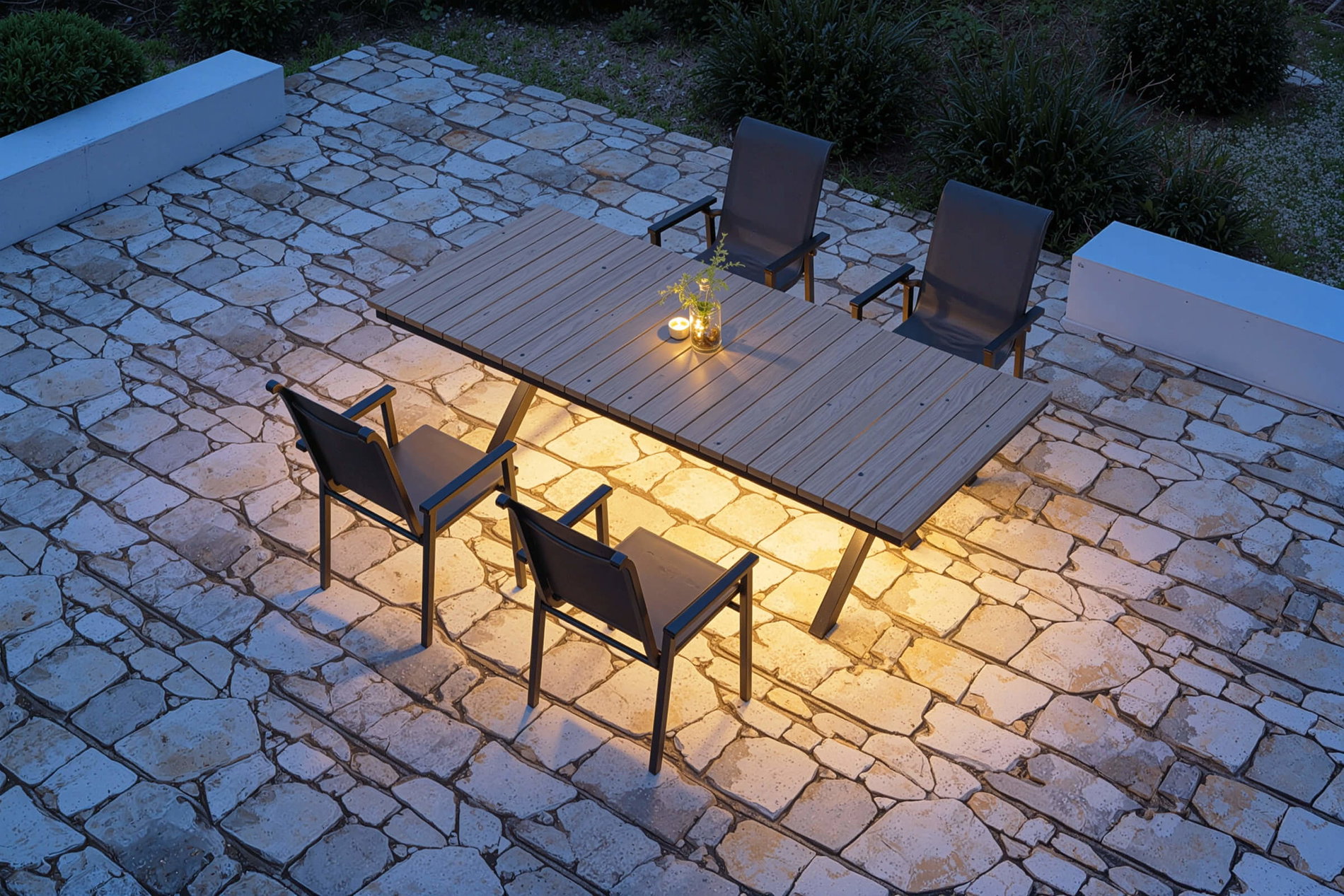 KETTLER BasicPlus 2026, modèle exclusif, Salon de jardin avec éclairage LED, anthracite/naturel, Alu/Imitation bois, 240 x 100 cm, 4 chaises empilables
