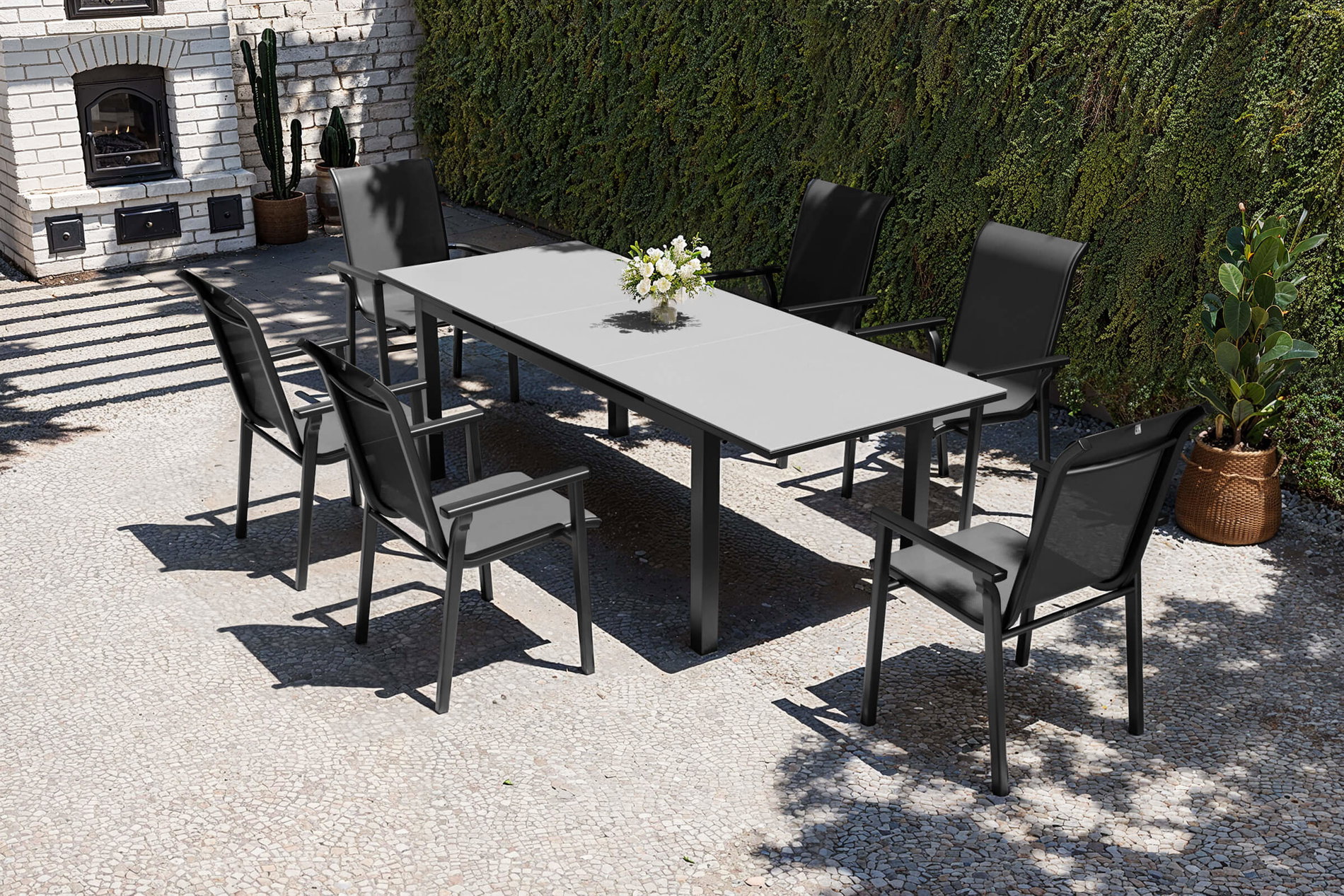 KETTLER BasicPlus 2026 ensemble de repas de jardin, modèle exclusif, anthracite, alu/textilène, table 180/240 x 90 cm, 6 chaises empilables