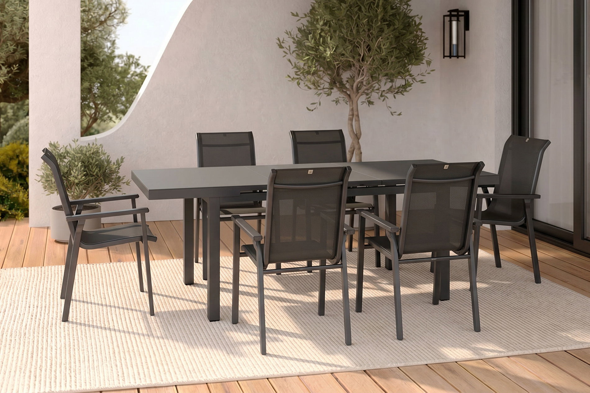 KETTLER BasicPlus 2026 Salon de jardin, modèle exclusif, anthracite/gris, Alu/Verre/Textilène, 180/240 x 100 cm, extensible, 6 chaises empilables