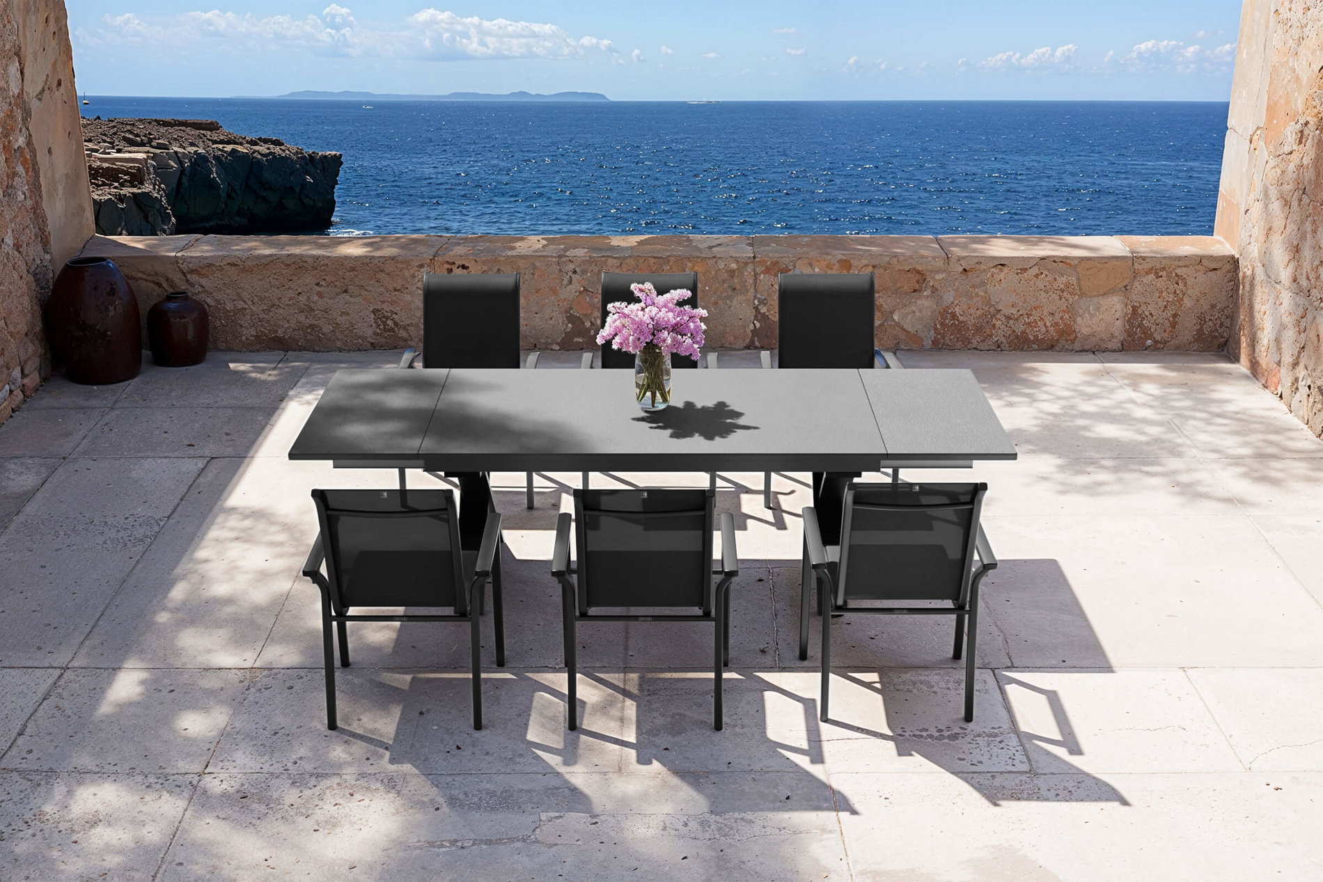 Salon de jardin KETTLER modèle exclusif BasicPlus 2026, anthracite, Alu/Textilène/Spraystone, table 180/280 x 100 cm, 6 chaises empilables