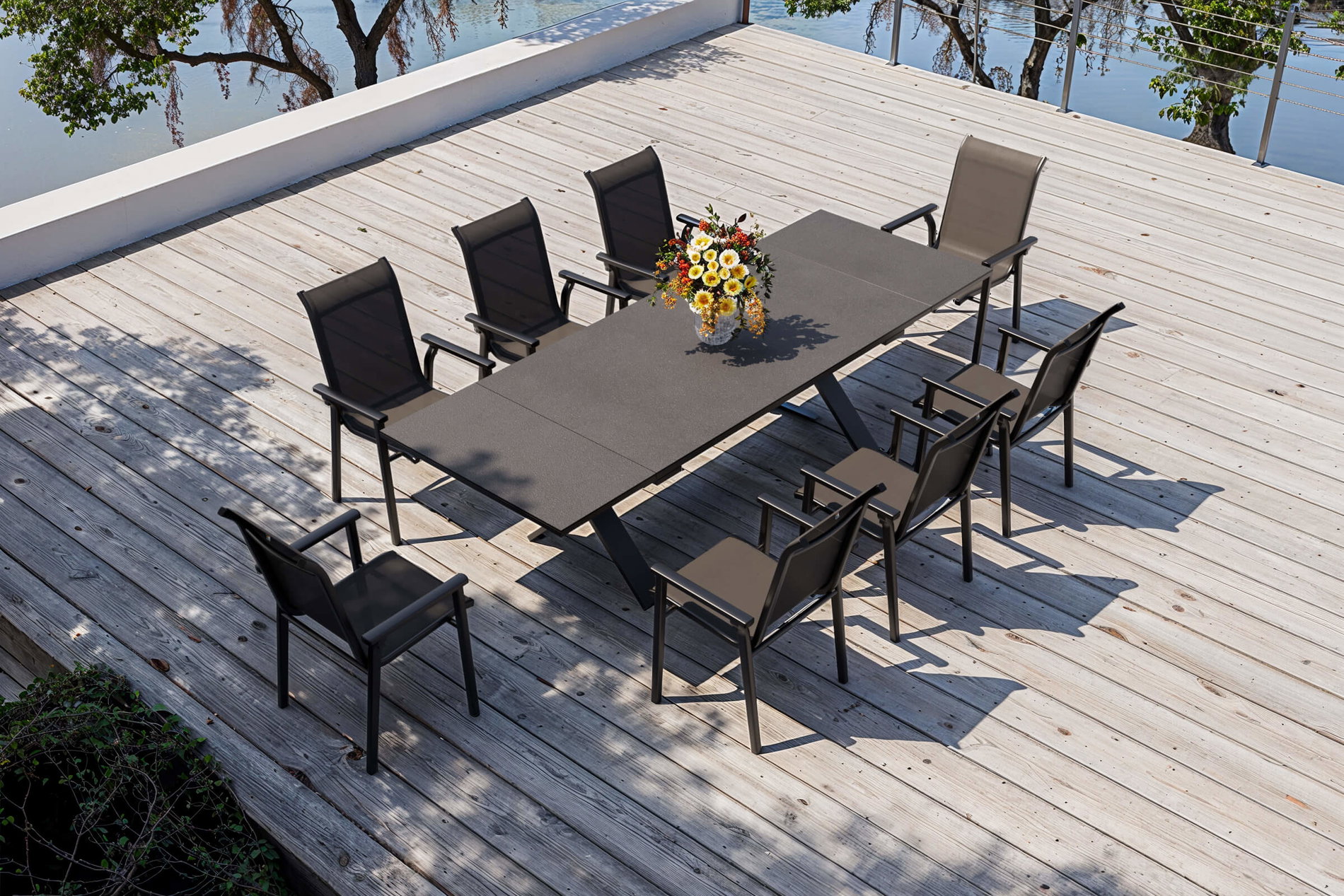 KETTLER BasicPlus 2026 Salon de Jardin, modèle exclusif, anthracite, Alu/Textilène/Spraystone, Table 180/280 x 100 cm, 8 Chaises Empilables