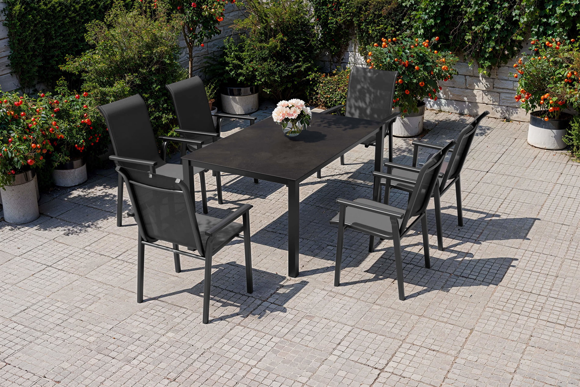 KETTLER BasicPlus 2026 Salon de jardin, modèle exclusif, anthracite, Aluminium/Textilène/Verre, Table 160 x 95 cm, 6 Chaises empilables