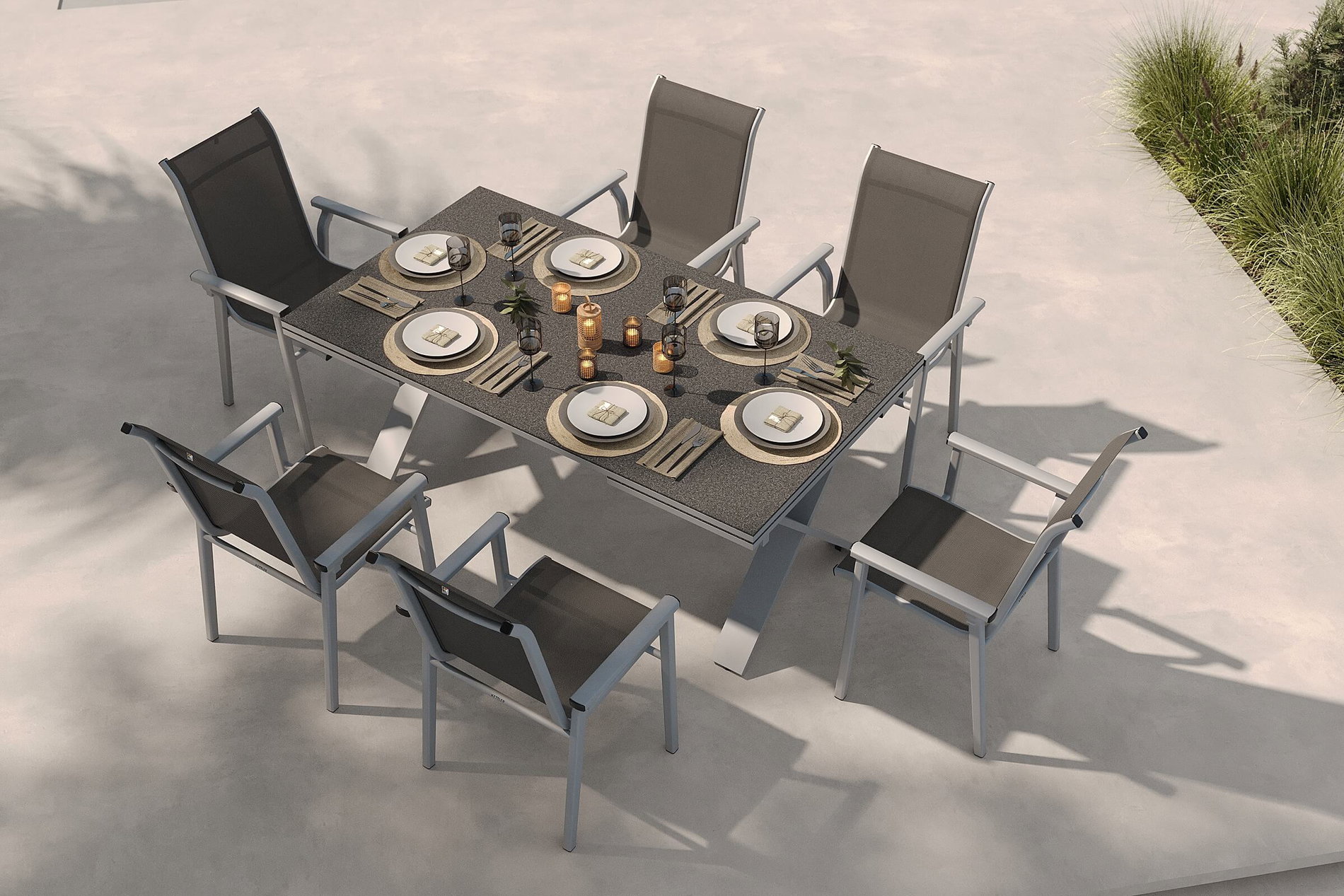 KETTLER BasicPlus 2026 Salon de jardin, modèle exclusif, argenté/anthracite, Alu/Textilène, table extensible 180/280 x 100 cm, 6 fauteuils empilables