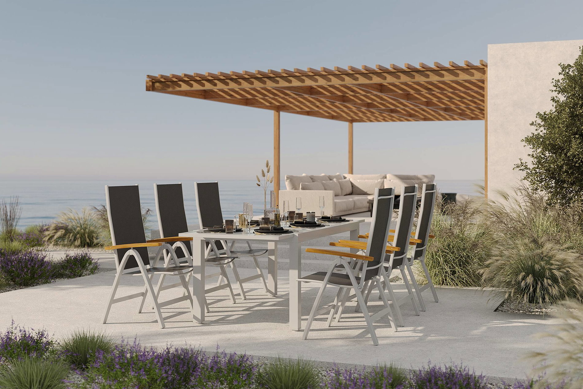 Salon de jardin Villana Sylvania avec 6 chaises pliantes, argent/anthracite, aluminium/verre, avec accoudoirs eucalyptus, table extensible 160/220 x 90 cm, produit certifié FSC®