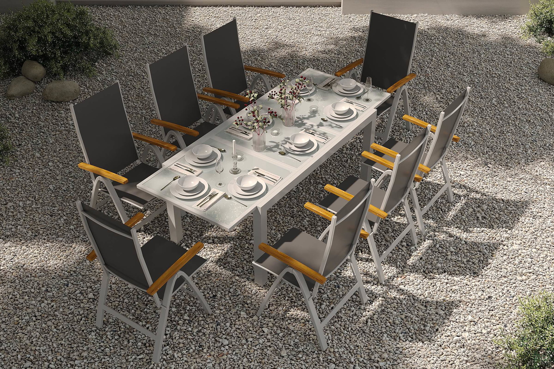 VILLANA Garten-Essgruppe, silber/anthrazit, Alu/ Eukalyptus, Ausziehtisch 160/220 x 90 cm, inkl 8 Klappstühle, FSC®-zertifiziertes Produkt VILLANA Garten-Essgruppe, silber/anthrazit, Alu/ Eukalyptus, Ausziehtisch 160/220 x 90 cm, inkl 8 Klappstühle, FSC®-zertifiziertes Produkt