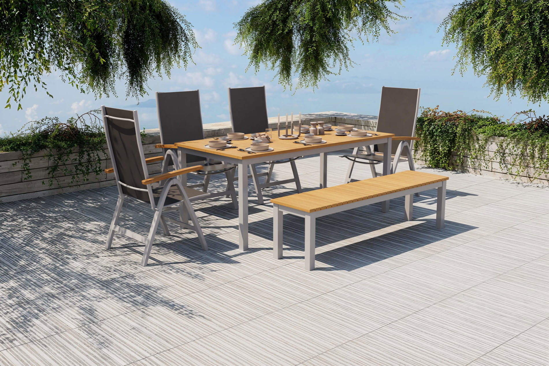 Salon de jardin Villana Tasmania avec banc et 4 chaises pliantes, argent/naturel, aluminium/eucalyptus, table 180 x 90 cm, produit certifié FSC®