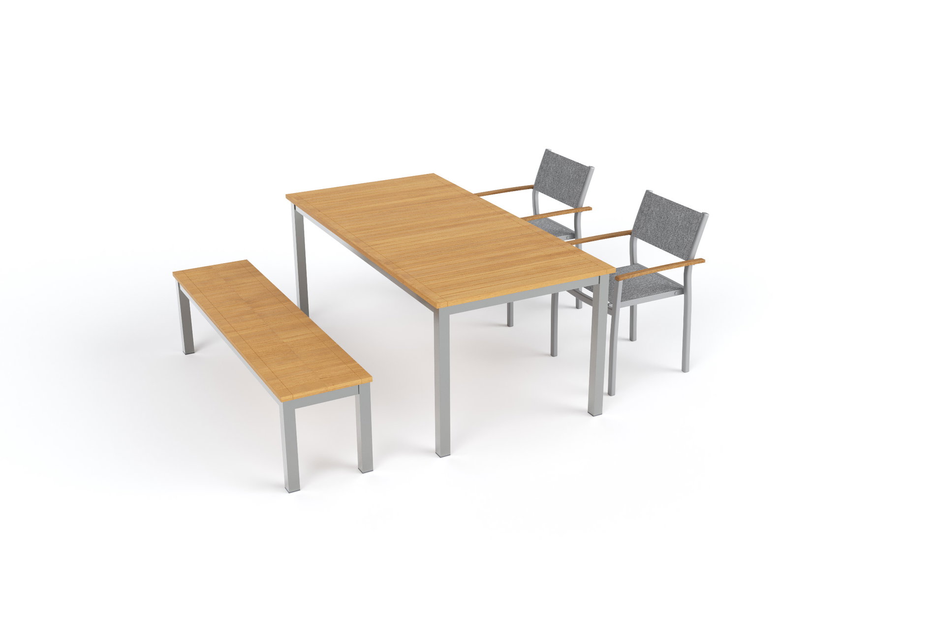 Salon de jardin VILLANA Tasmania avec banc et 2 chaises empilables, argent/naturel, alu/textilène, table 180 x 90 cm, accoudoirs eucalyptus, produit certifié FSC®