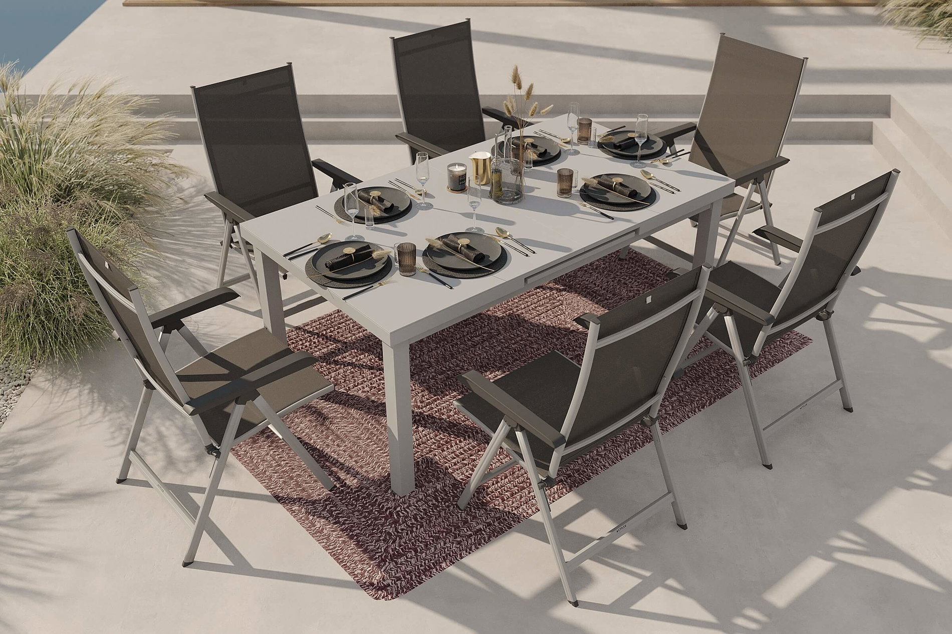 Salon de jardin KETTLER avec 6 chaises pliantes et tapis d'extérieur, argent/anthracite/blanc Andorre, aluminium/textilène, table extensible 180/240 x 100 cm Salon de jardin KETTLER avec 6 chaises pliantes et tapis d'extérieur, argent/anthracite/blanc Andorre, aluminium/textilène, table extensible 180/240 x 100 cm