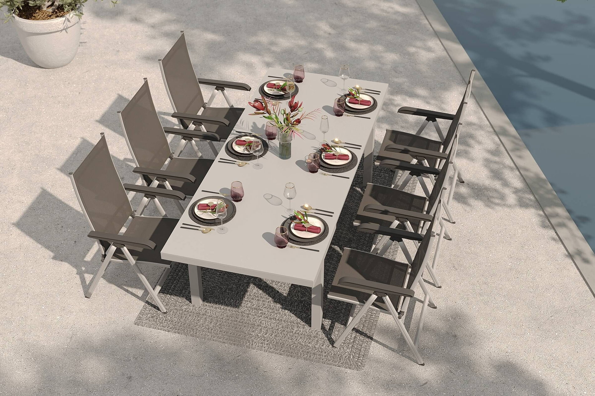 Ensemble de salle à manger de jardin KETTLER avec 6 chaises pliantes et tapis d'extérieur, argent/anthracite/blanc aluminium, Alu/Textilène/fil PET, table extensible 180/240 x 100 cm Ensemble de salle à manger de jardin KETTLER avec 6 chaises pliantes et tapis d'extérieur, argent/anthracite/blanc aluminium, Alu/Textilène/fil PET, table extensible 180/240 x 100 cm