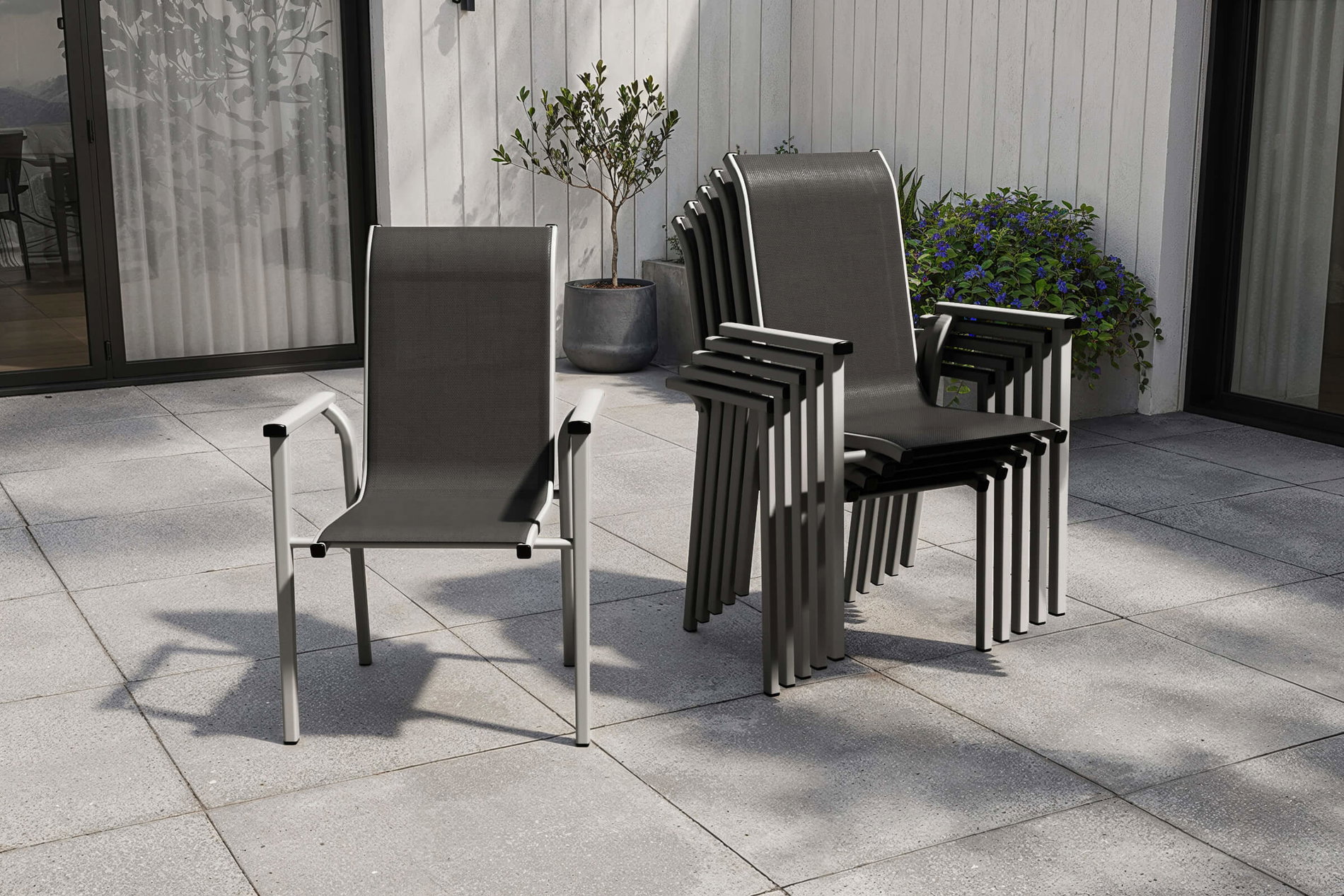 Kettler BasicPlus Pro Fauteuil empilable lot de 6, argent/anthracite, aluminium/textilène, 70 x 65 x 99 cm, empilable