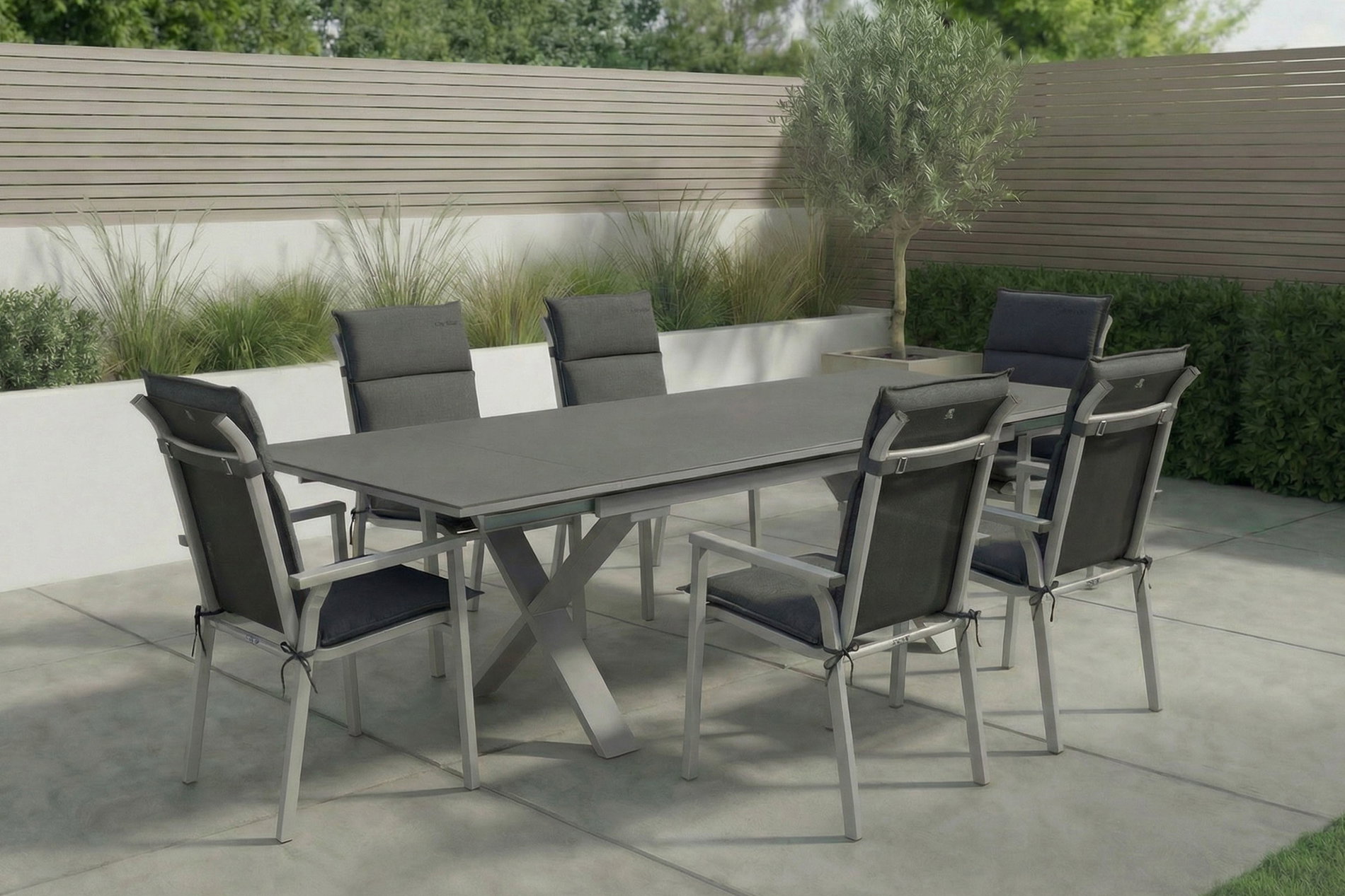 Kettler BasicPlus Pro Salon de jardin, argenté/anthracite, Alu/Polyester/Spraystone, 180/280 x 100 cm, 6 fauteuils empilables, coussins inclus Kettler BasicPlus Pro Salon de jardin, argenté/anthracite, Alu/Polyester/Spraystone, 180/280 x 100 cm, 6 fauteuils empilables, coussins inclus