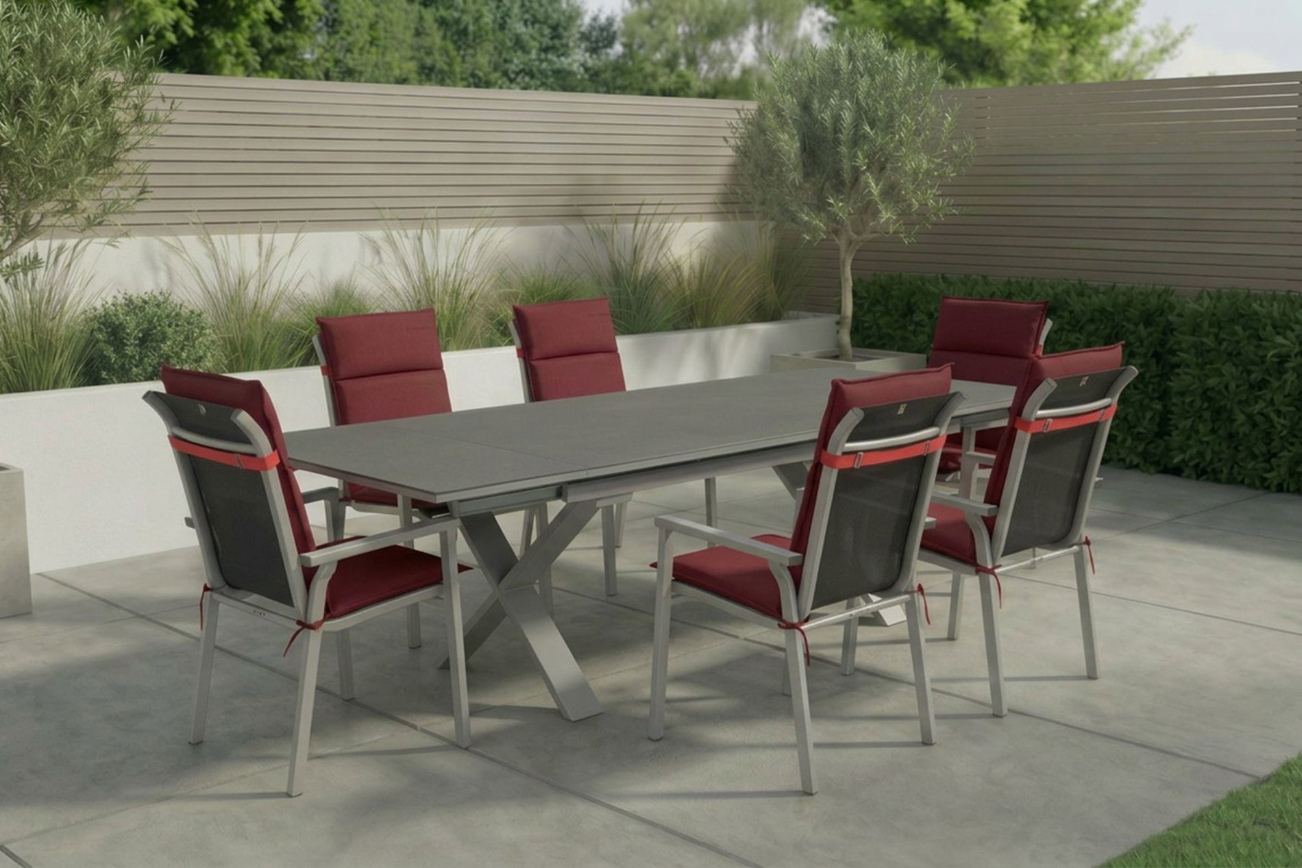 Salon de jardin Kettler BasicPlus Pro, argent/bordeaux, alu/Spraystone/polyester, 180/280 x 100 cm, 6 fauteuils empilables, coussins inclus Salon de jardin Kettler BasicPlus Pro, argent/bordeaux, alu/Spraystone/polyester, 180/280 x 100 cm, 6 fauteuils empilables, coussins inclus