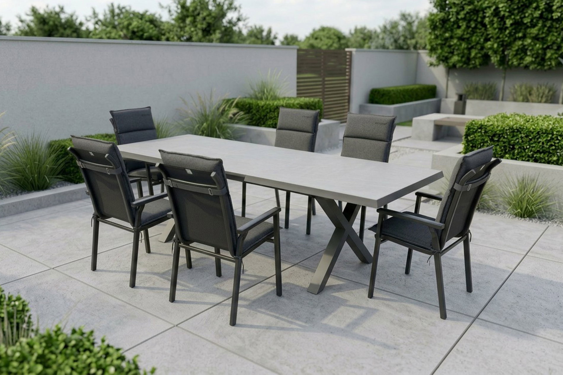 Kettler BasicPlus Pro Salon de jardin, anthracite/noir, aluminium/imitation pierre/polyester, 200/260 x 100 cm, 6 fauteuils empilables, coussins inclus Kettler BasicPlus Pro Salon de jardin, anthracite/noir, aluminium/imitation pierre/polyester, 200/260 x 100 cm, 6 fauteuils empilables, coussins inclus