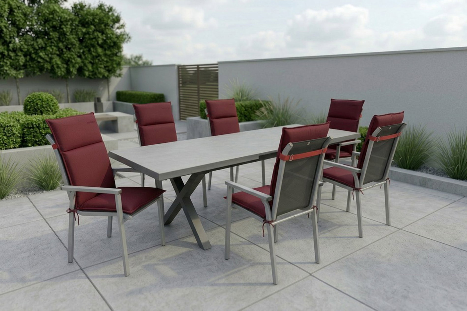 Salon de jardin Kettler BasicPlus Pro, argent/bordeaux, alu/imitation pierre/polyester, 200/260 x 100 cm, 6 fauteuils empilables, coussins inclus Salon de jardin Kettler BasicPlus Pro, argent/bordeaux, alu/imitation pierre/polyester, 200/260 x 100 cm, 6 fauteuils empilables, coussins inclus