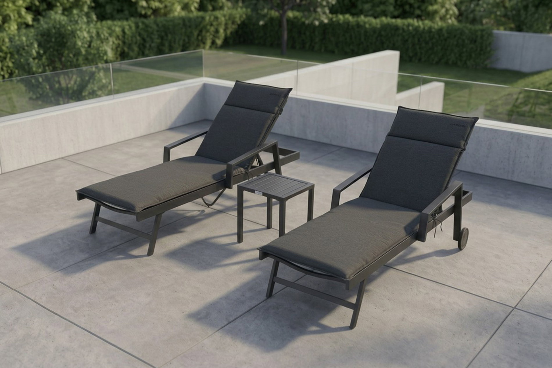 Ensemble de bains de soleil OUTFLEXX, anthracite, aluminium/textilène/polyester, table 40 x 40 cm, 2 coussins, dossier réglable, avec roulettes