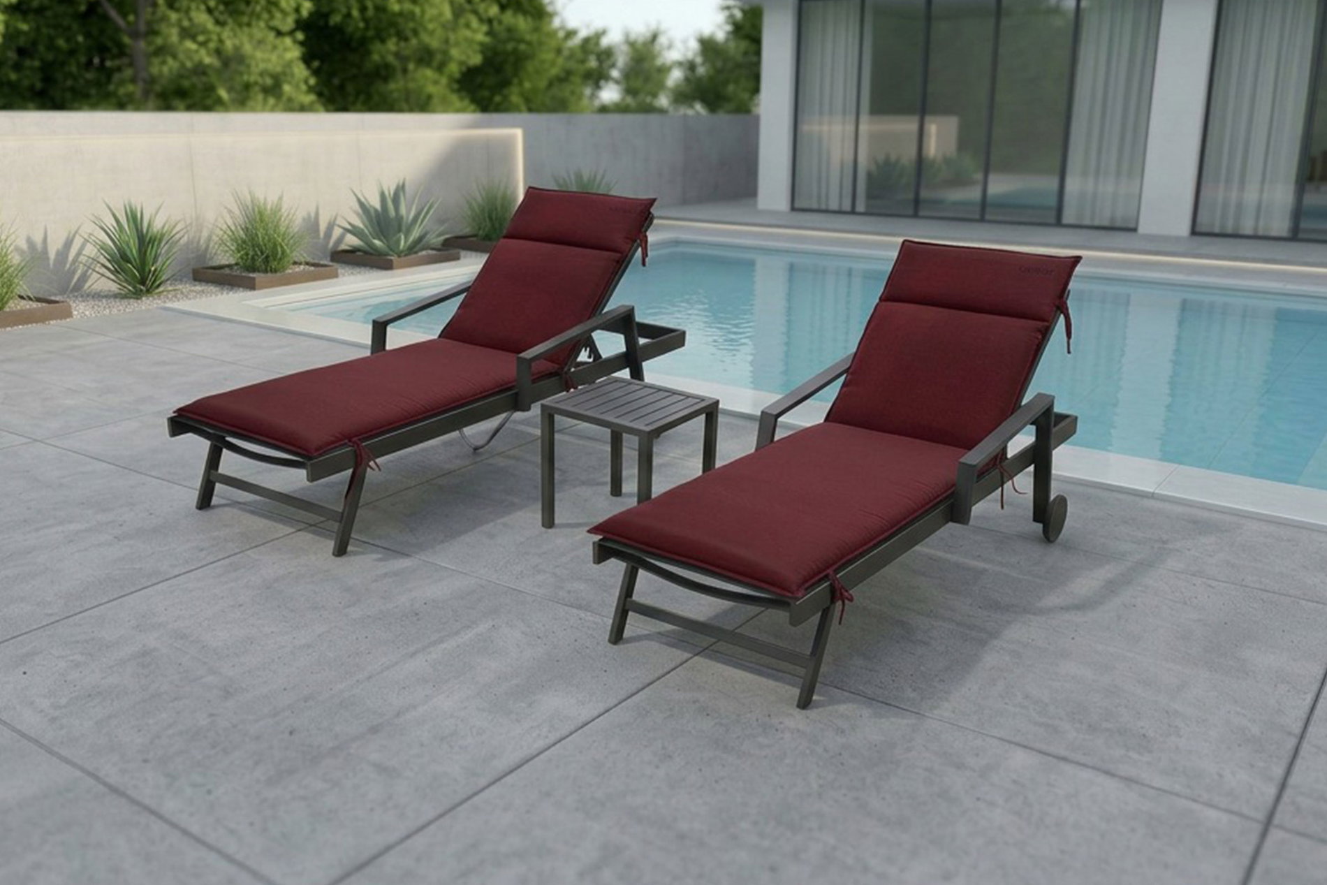 Ensemble de bains de soleil OUTFLEXX, anthracite/bordeaux, aluminium/textilène/polyester, table 40 x 40 cm, 2 coussins, avec roulettes, dossier réglable