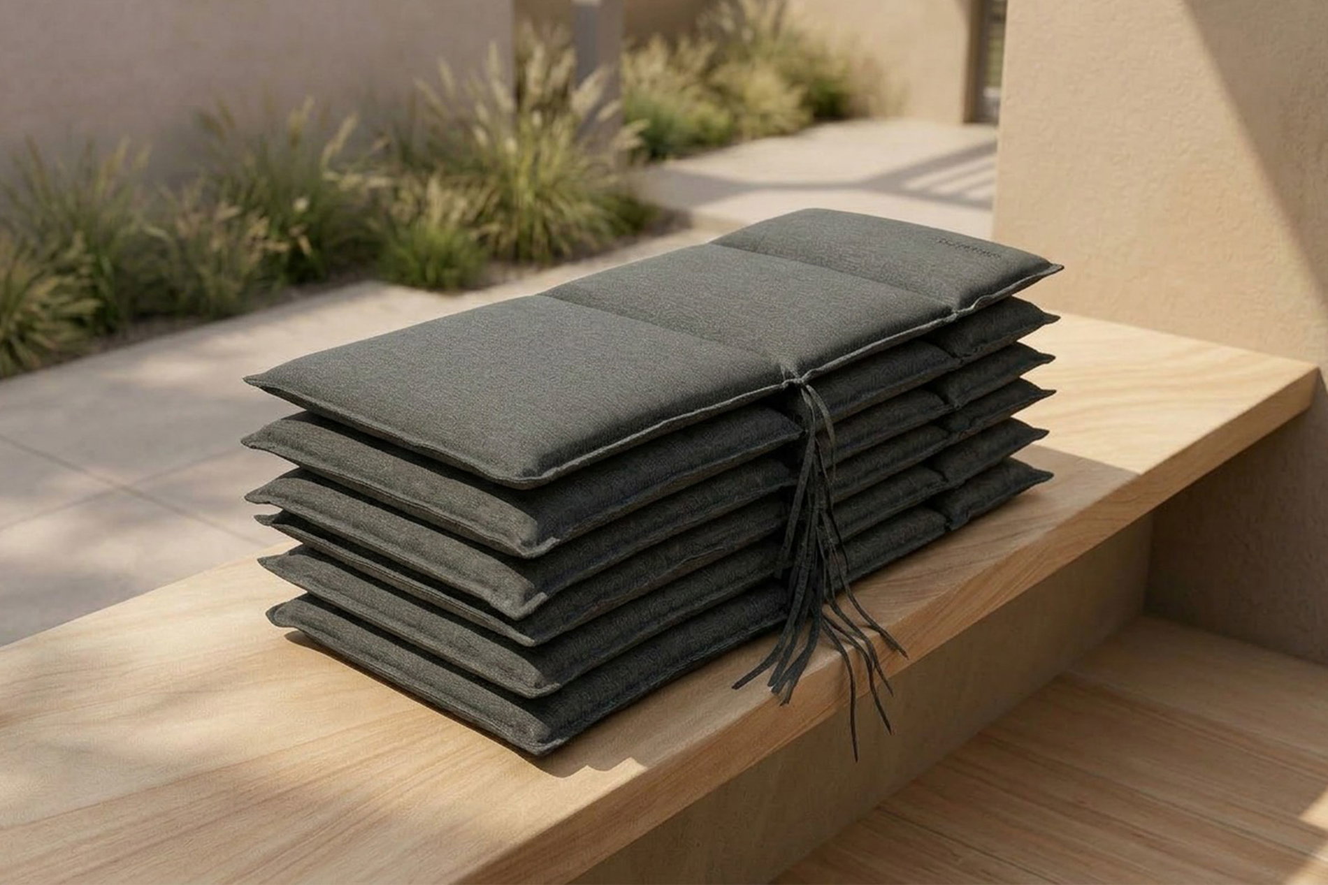 OUTFLEXX Green 6er-Set Sitzkissen für Niederlehner, anthrazit, recyceltes Polyester, hautsympathisch, mit Rückengurt und Bindekordeln