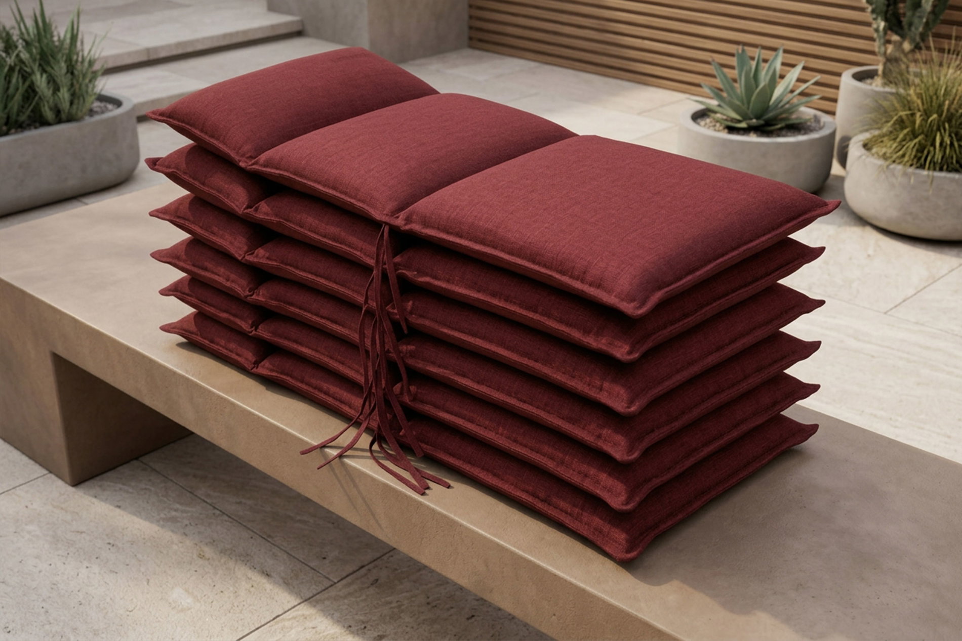 OUTFLEXX Green 6er-Set Sitzkissen für Niederlehner, bordeaux, recyceltes Polyester, hautsympathisch, mit Rückengurt und Bindekordeln