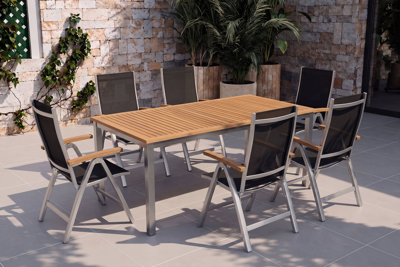 Villana Tasmania salon de jardin avec 6 chaises pliantes, argenté, alu / eucalyptus / textilène, table 180 x 90 cm, produit certifié FSC®