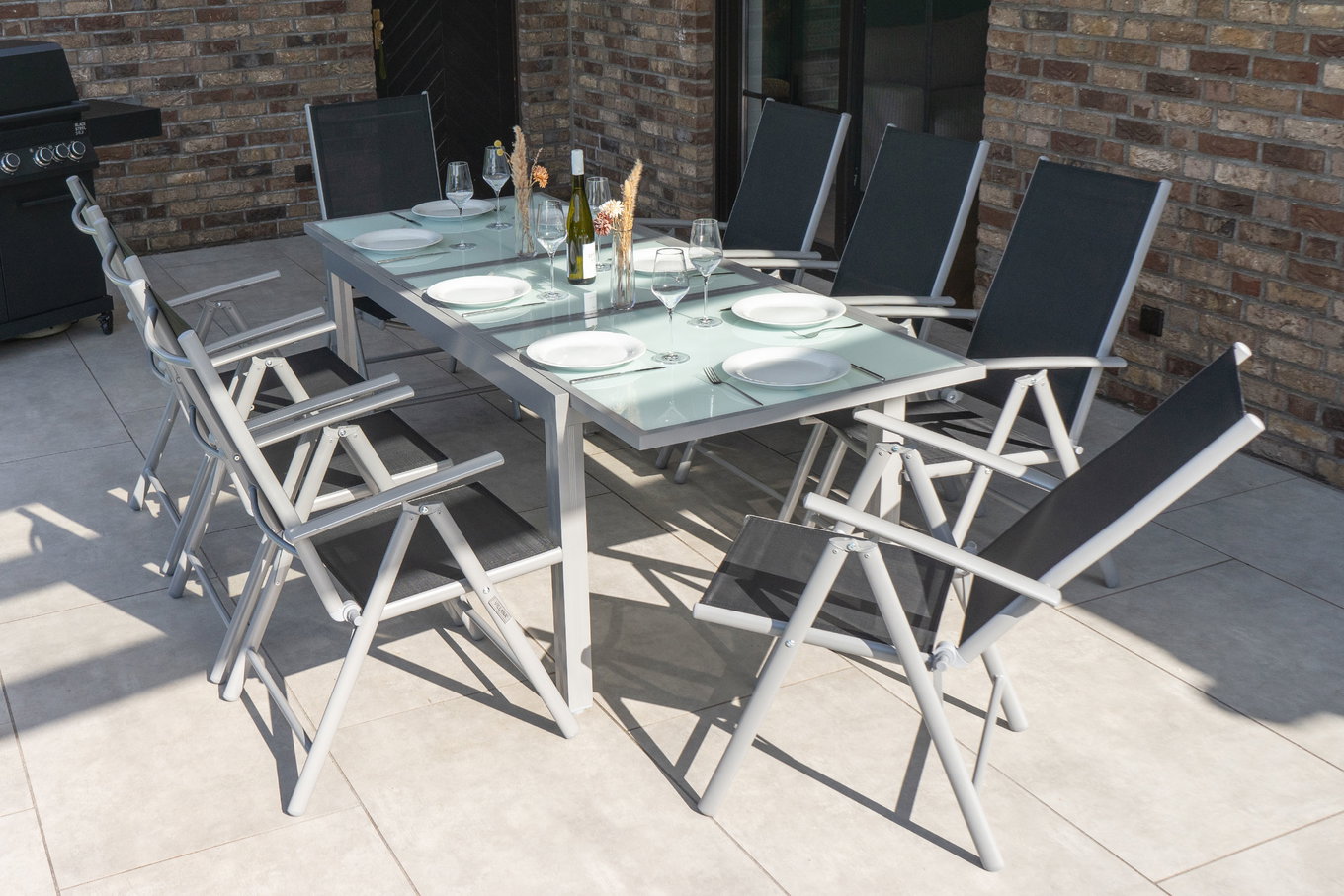 VILLANA Salon de jardin, argent/noir, Alu/Textile, Table 160/220 cm, 8 Chaises pliantes 13877__1