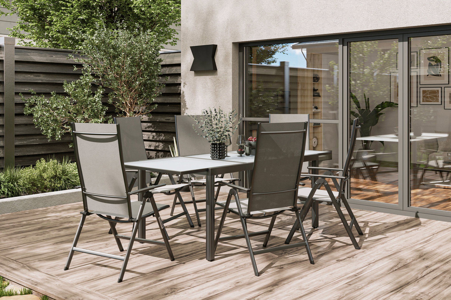 VILLANA Salon de jardin repas, anthracite/gris, alu/textile, table 160/220 cm, 6 chaises pliantes