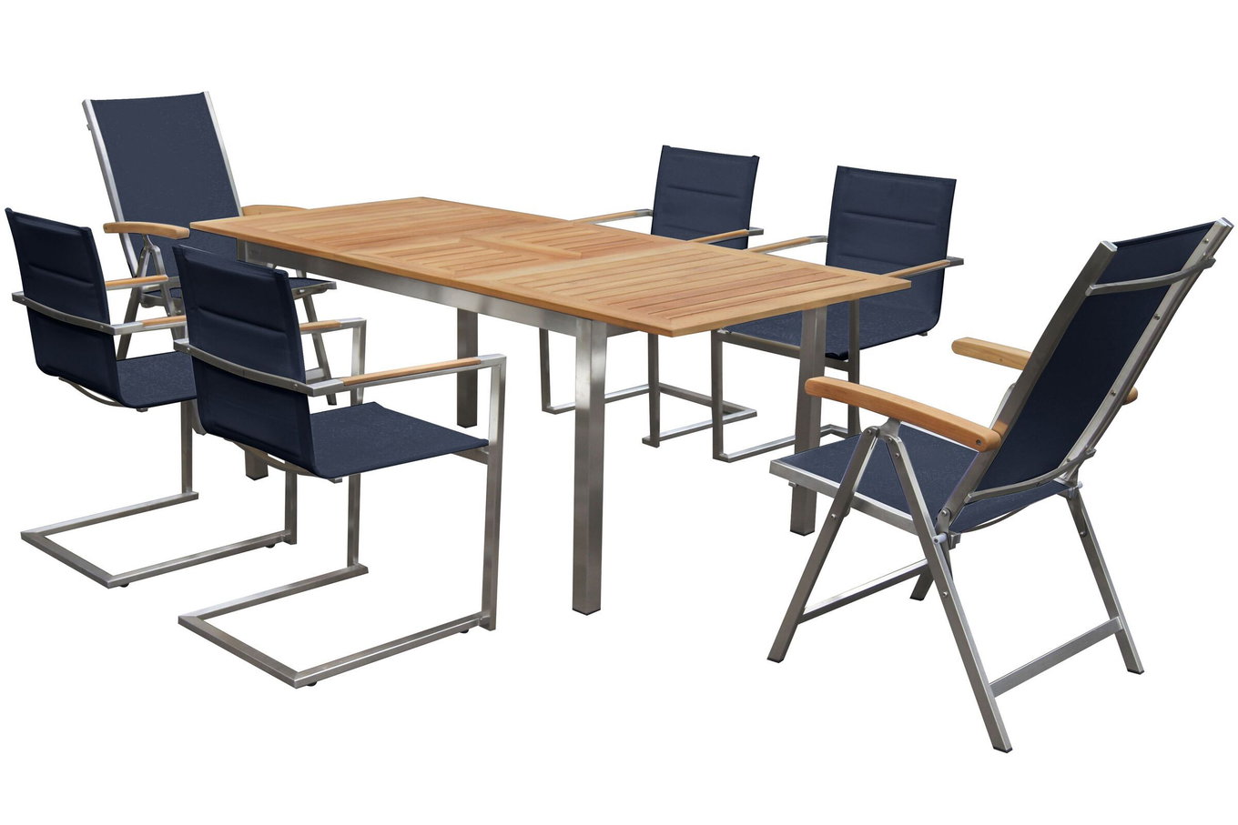 OUTFLEXX Ensemble repas de jardin, noir, 180/240 x 100 cm, acier inoxydable/teck, table extensible, 4 chaises rembourrées, 2 chaises pliantes, produit certifié FSC® 14141__1