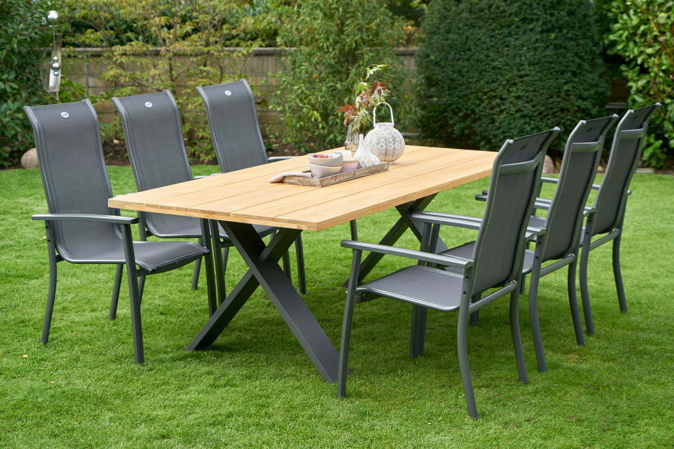 HARTMAN Xanadu / Alice Comfort Ensemble repas de jardin, xerix/anthracite, Alu/Teck, 6 fauteuils empilables, 220x100cm 21165__1
