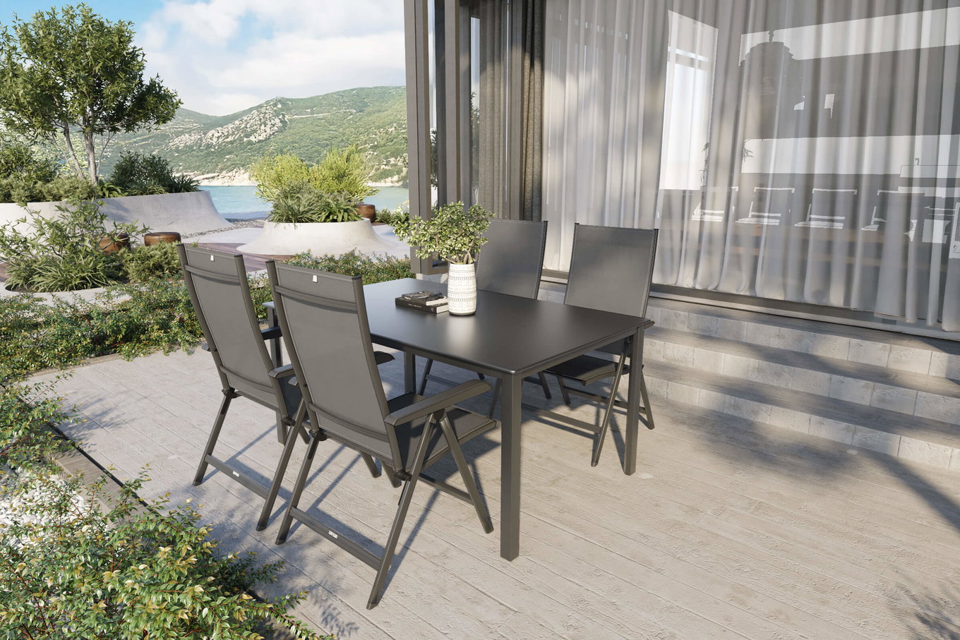 KETTLER BasicPlus Premium ensemble repas extérieur, anthracite/réglisse, alu/textilène, table 160x95 cm, 4 chaises pliantes 31507__1