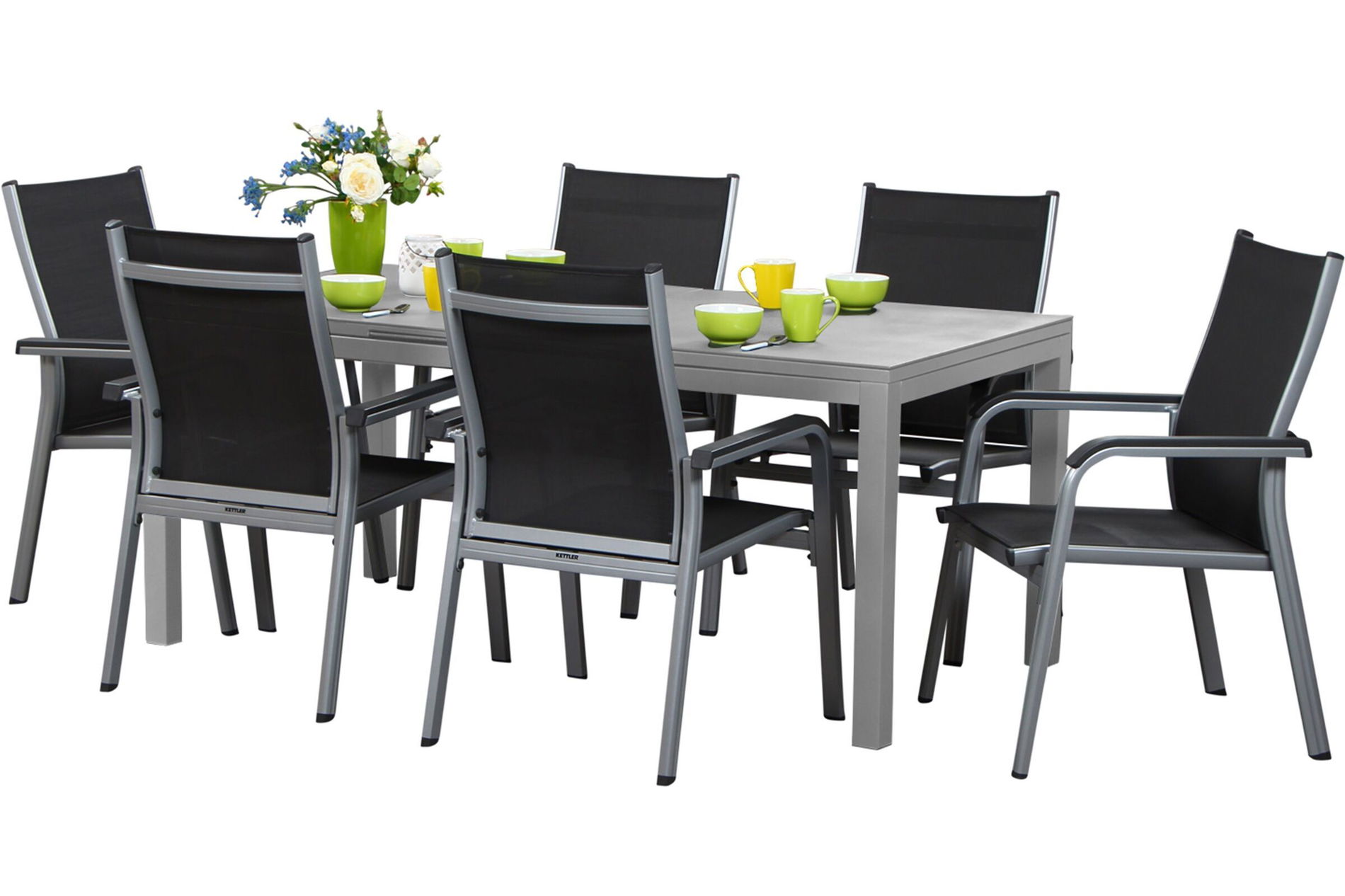 KETTLER Basic Plus Ensemble repas de jardin, argent/anthracite, Alu/Textilène, 180/240x90cm, 6 fauteuils empilables 17232__1