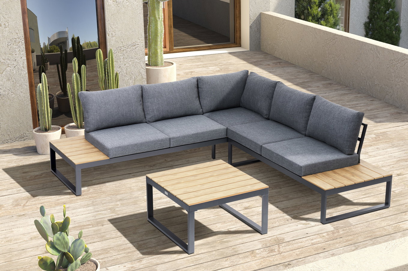 OUTFLEXX Salon d'angle, anthracite mat, Alu/Imitation bois, 5 personnes, Tablette latérale 24110__1
