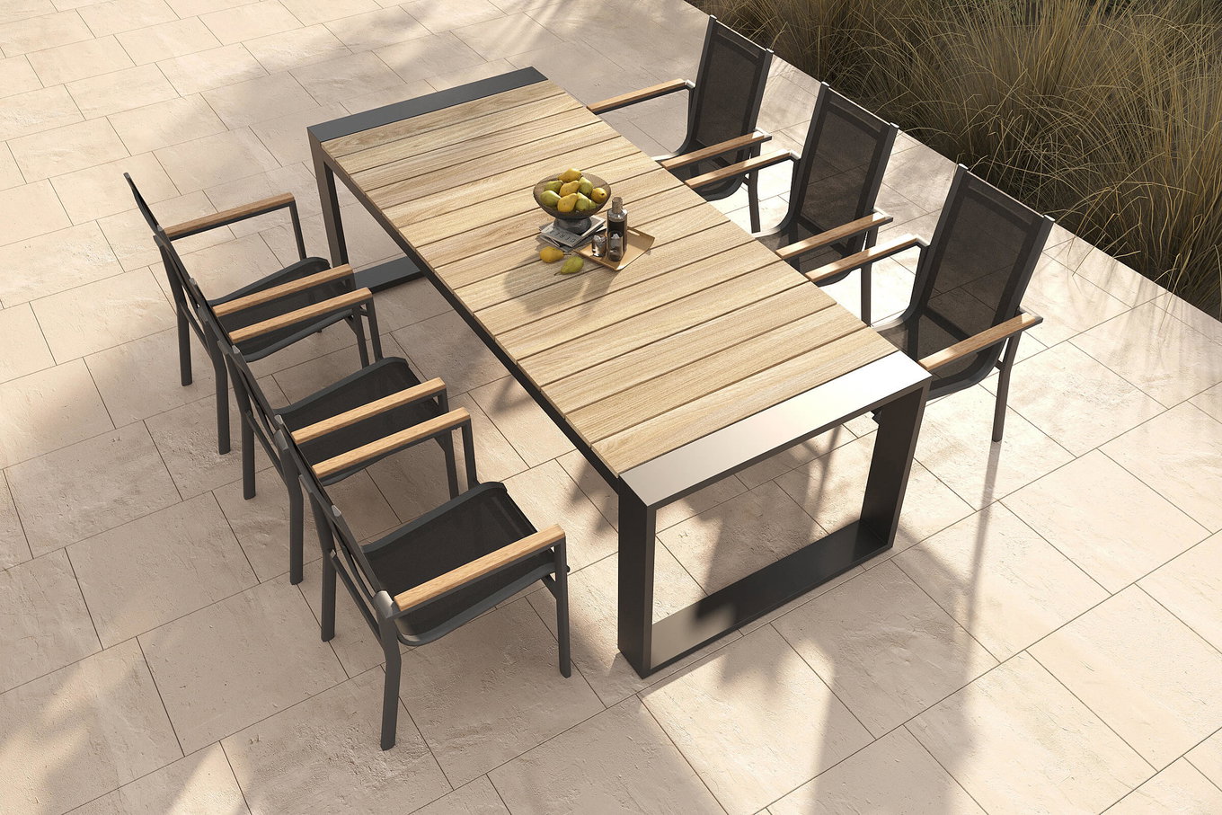 OUTFLEXX Evora Salon de jardin, anthracite/naturel, Aluminium/Teck/Textilène, 240 x 100 cm, Produit certifié FSC® 80947__1