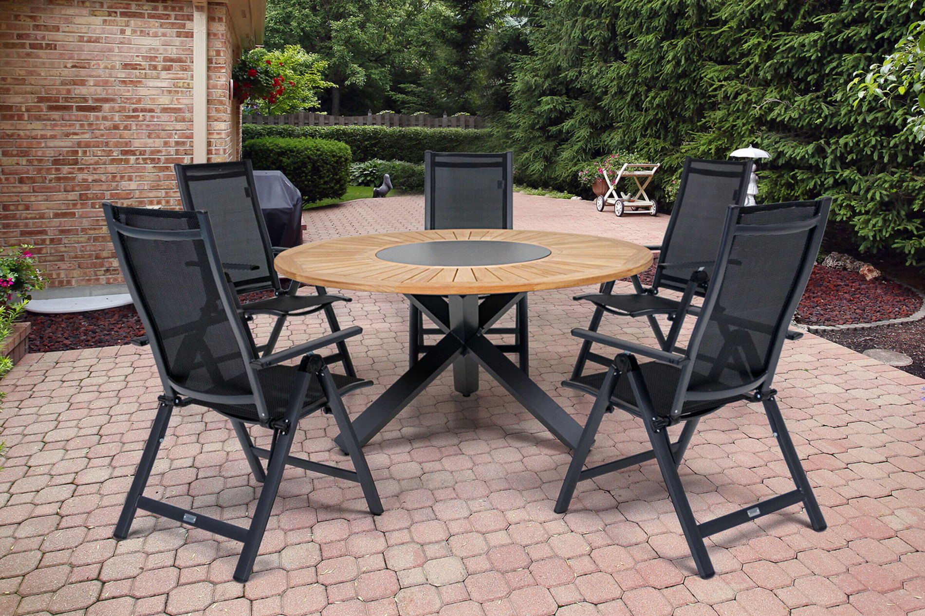 OUTFLEXX Ensemble repas de jardin, OUTFLEXX® anthracite mat, Alu / Teck / Textile, Table à manger Ø 150 cm, 5 chaises pliantes 22202__1