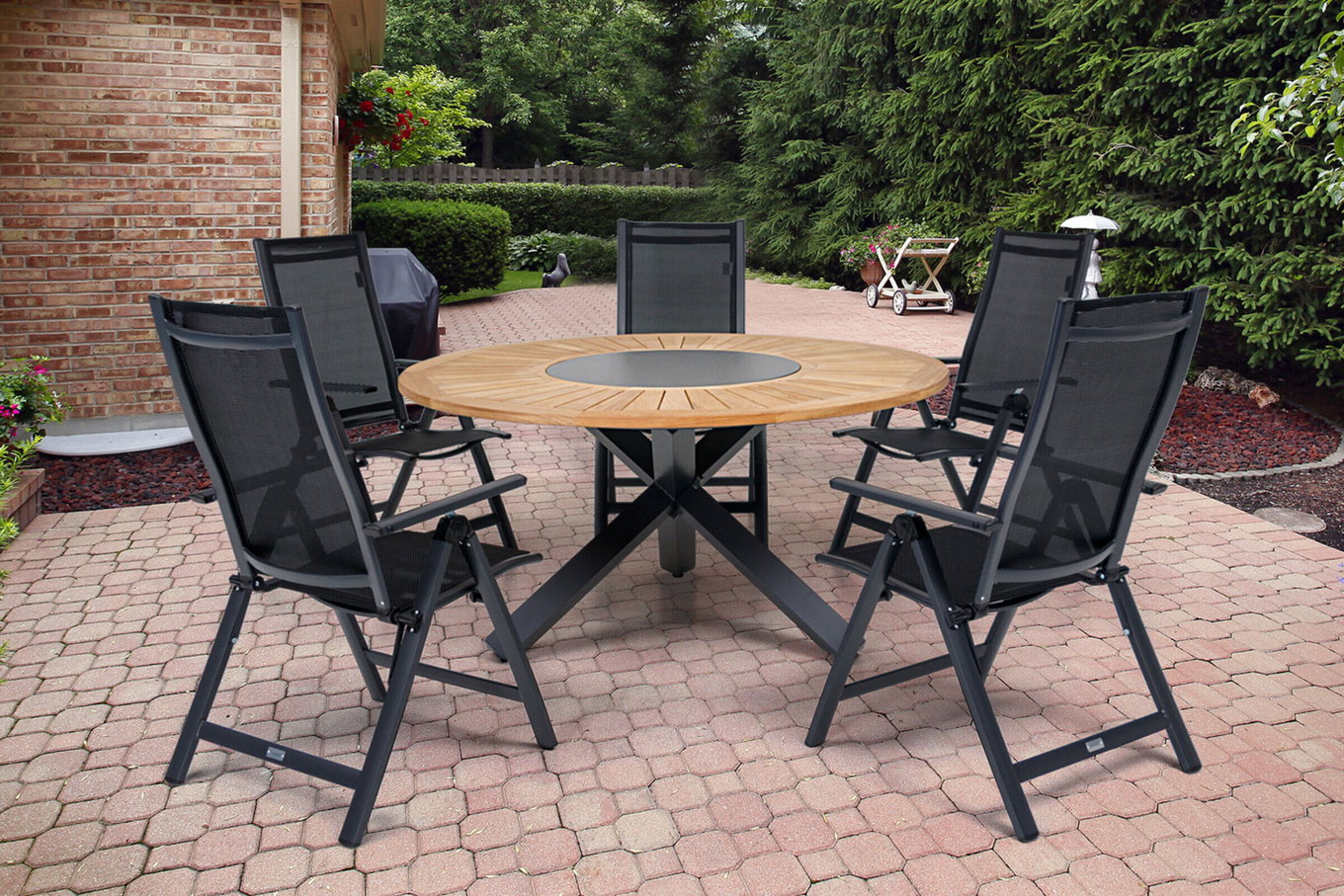 OUTFLEXX Ensemble repas de jardin, OUTFLEXX® anthracite mat, Alu / Teck / Textile, Table à manger Ø 150 cm, 5 chaises pliantes 22202__1