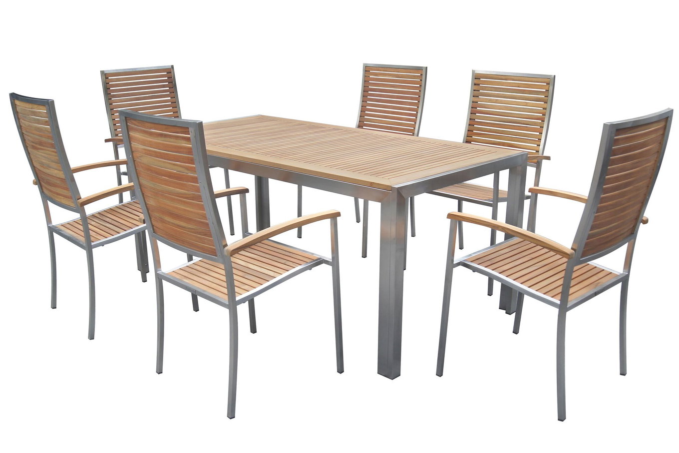 OUTFLEXX Ensemble table à manger de jardin, naturel, acier inoxydable/teck, table à manger 180x90cm, 6 fauteuils à dossier haut, produit certifié FSC® 14189__1