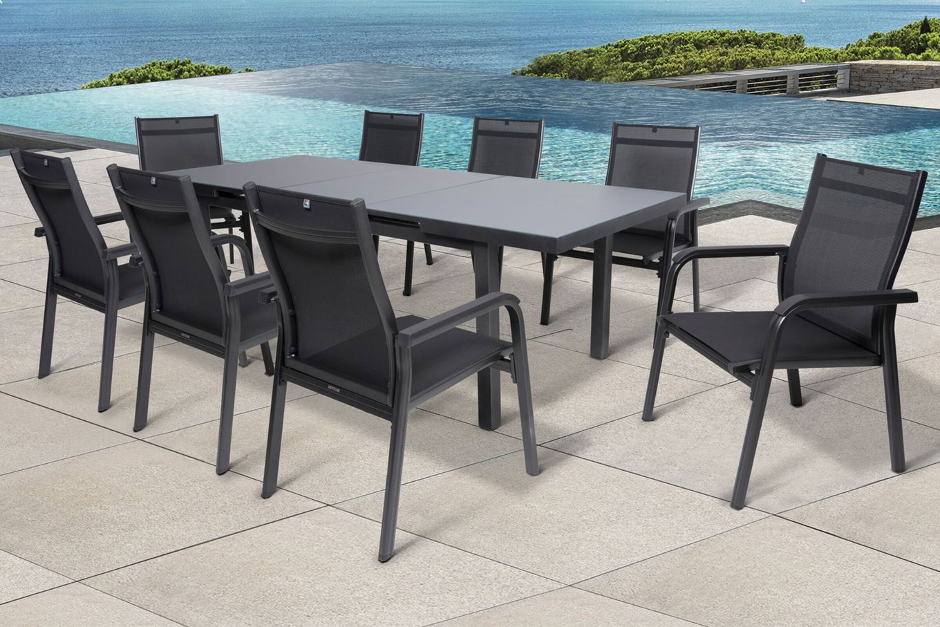 KETTLER BasicPlus Ensemble repas de jardin, anthracite, Alu/Textilène, Table 180/240x100cm, 8 fauteuils empilables 19316__1
