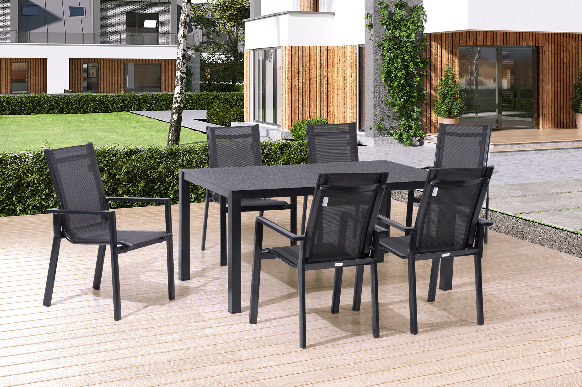 OUTFLEXX Salon de jardin repas, anthracite, Alu/Spraystone/Textilène, 160x95 cm, 6 fauteuils empilables 28178__1