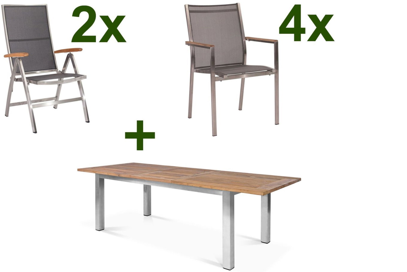 STERN Cardiff Groupe de salle à manger de jardin, argent/gris argenté, Acier inoxydable/teck recyclé, Table 200/260 x 100 cm, 4 empilables, 2 chaises pliantes, Produit certifié FSC® 19756__1
