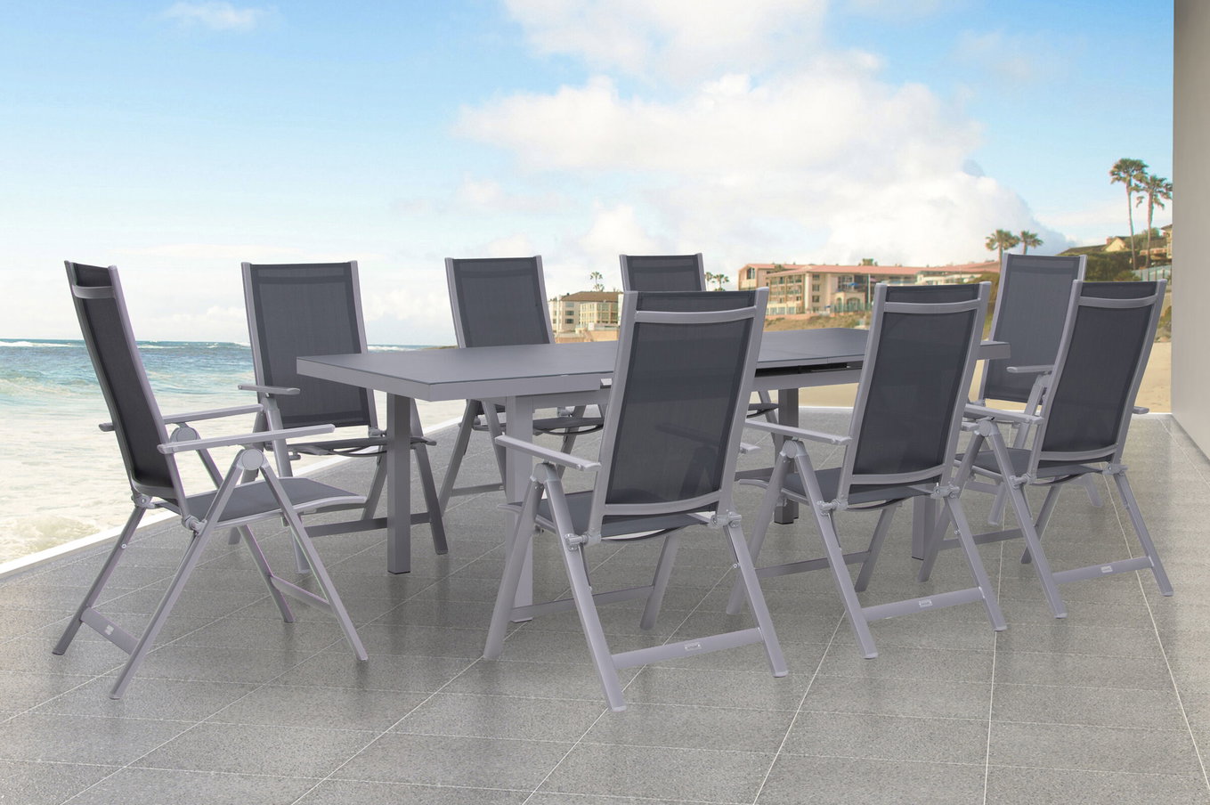OUTFLEXX Ensemble repas de jardin Premium, argent/gris, Alu/Textilène, Table extensible 180/240 x 100 cm, 8 chaises pliantes 21432__1