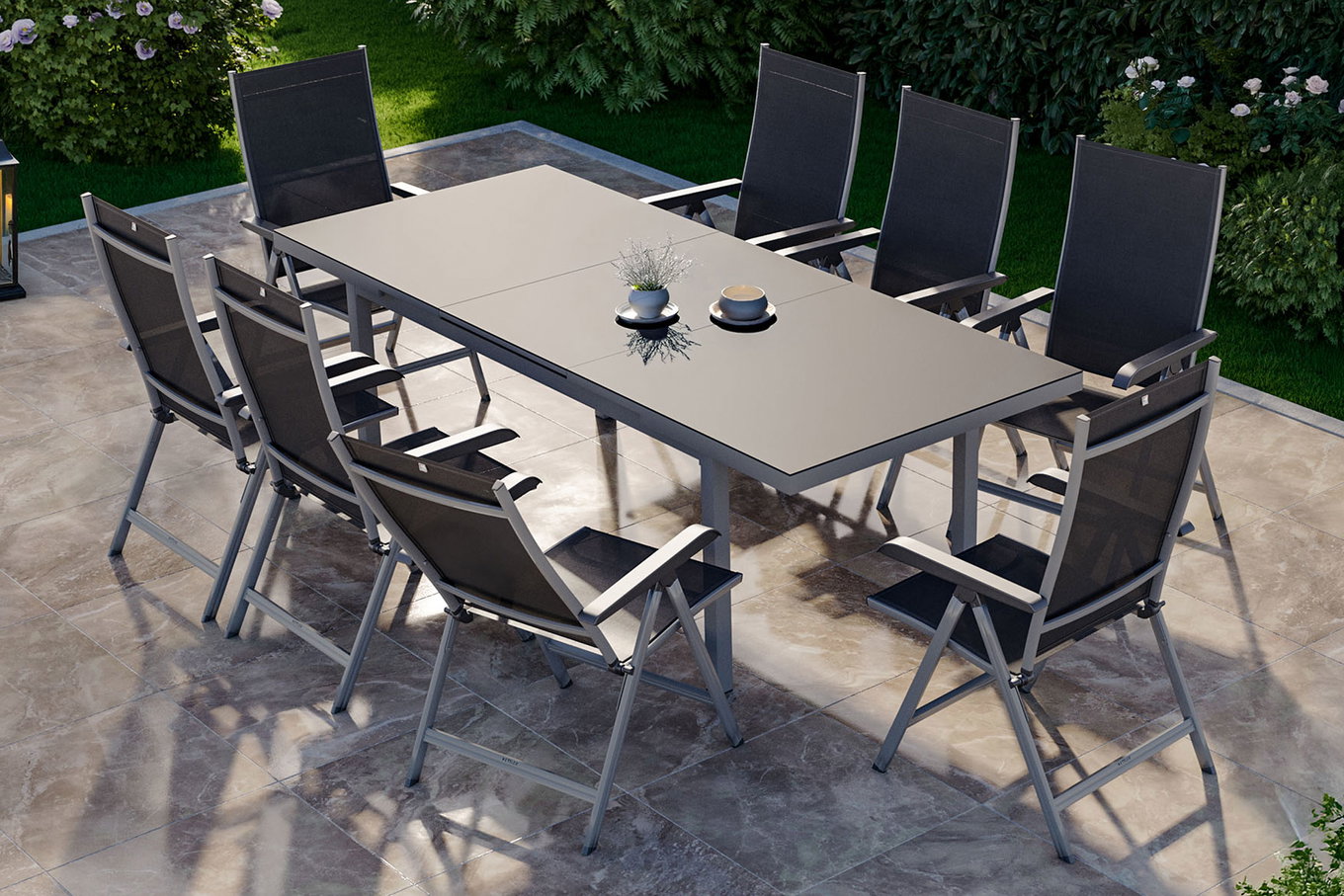KETTLER BasicPlus Ensemble repas de jardin, argent, Alu/Textilene, Table 180/240 x 100 cm, 8 Chaises pliantes 19308__1
