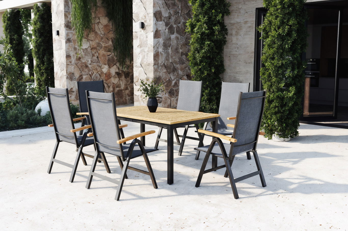 Salon de jardin VILLANA, noir/gris, aluminium/eucalyptus, table 150/200 x 90 cm, 6 chaises pliantes, extensible, produit certifié FSC®