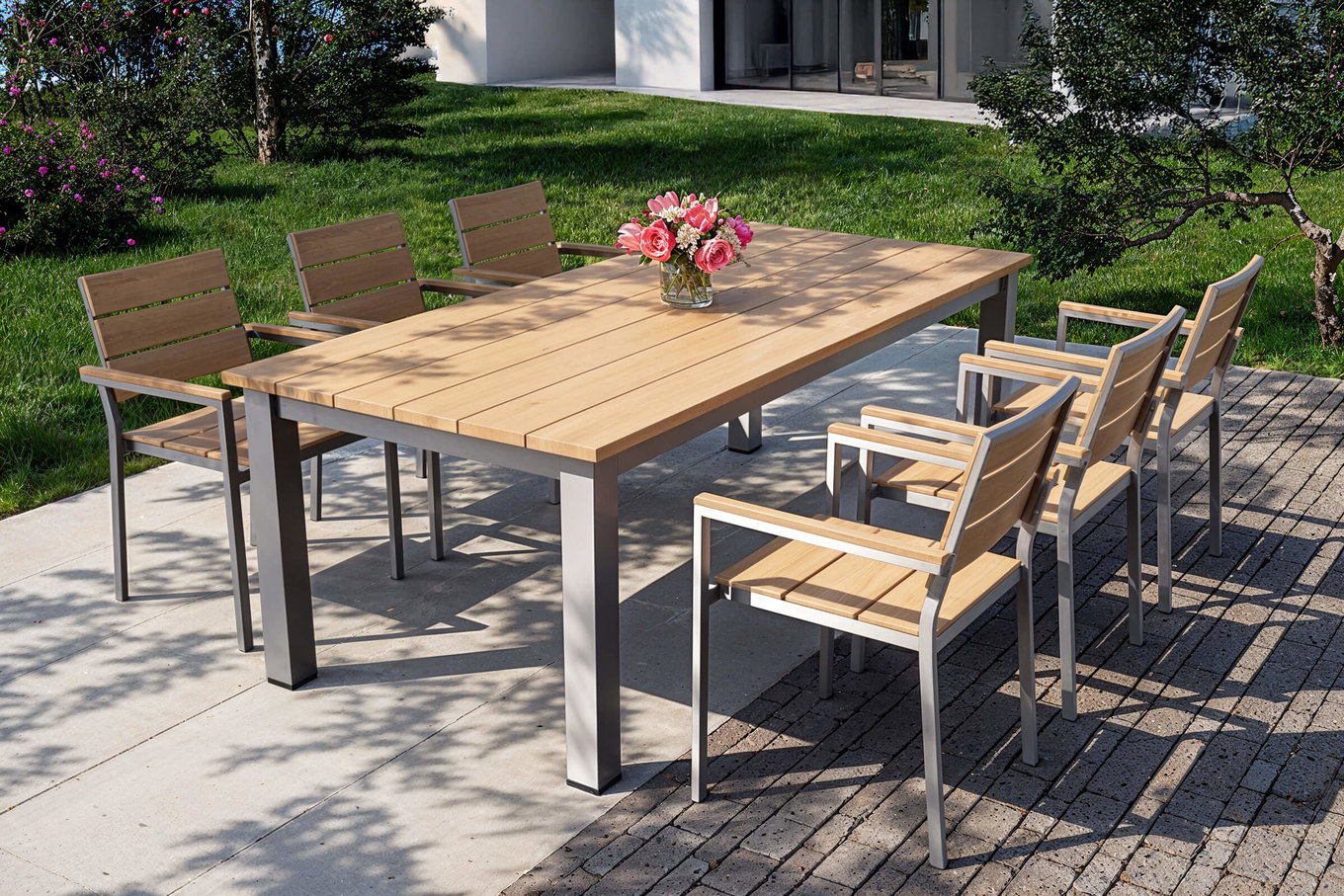 Salon de jardin repas OUTFLEXX Falun avec 6 fauteuils, marron/argent, bois de teck/acier inoxydable, 220/340 x 100 cm, extensible, empilable, produit certifié FSC® 81032__1