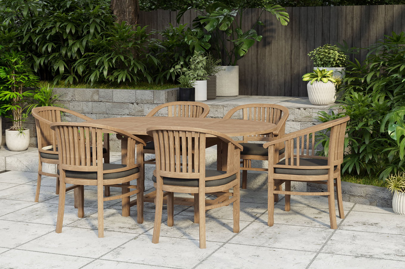 OUTFLEXX Dallas/Batavia Salon de jardin, naturel, Teck, 120/170x120 cm, 6x Fauteuils avec accoudoirs, coussins inclus 24351__1
