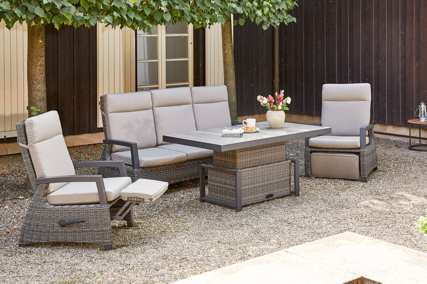 SIENA GARDEN Corido salon de jardin, charcoal, Alu/tressage Gardino®, 2 fauteuils relax + canapé 3 places, table relevable réglable en continu 160x90x47-71cm 21502__1